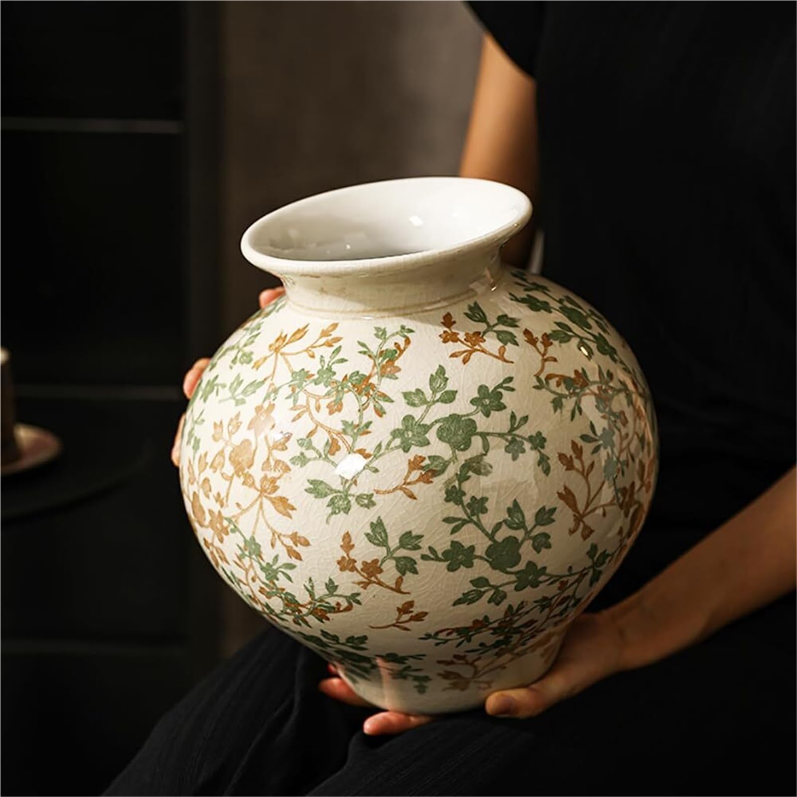 Vase Chinoiserie Vert en céramique craquelée vintage pour décoration rétro