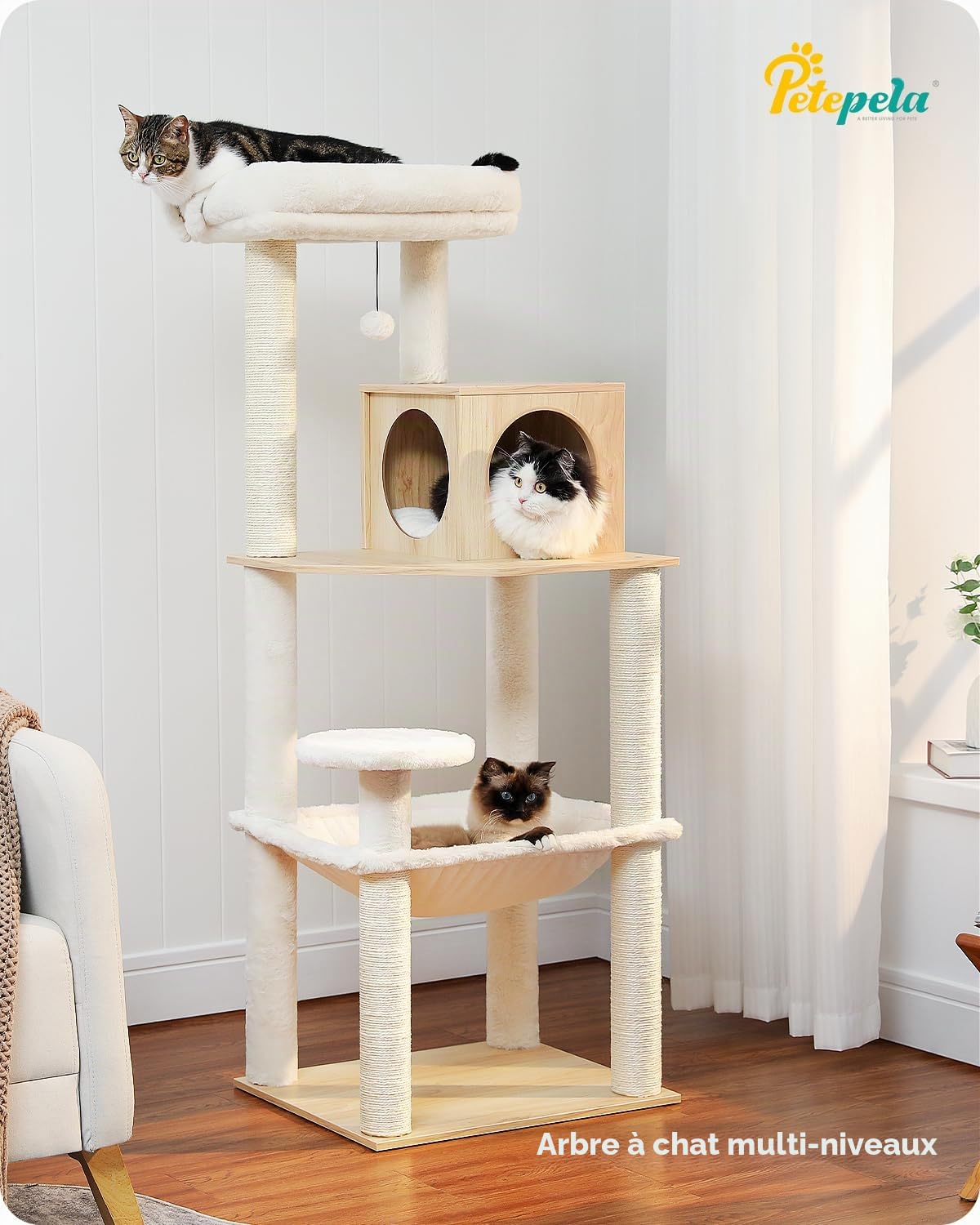 PETEPELA Arbre à Chat Design Moderne, Arbre a Chat en Bois avec Grand Hamac, Perchoir Confortable & Poteaux à Griffer en Sisal, 143 cm, Beige