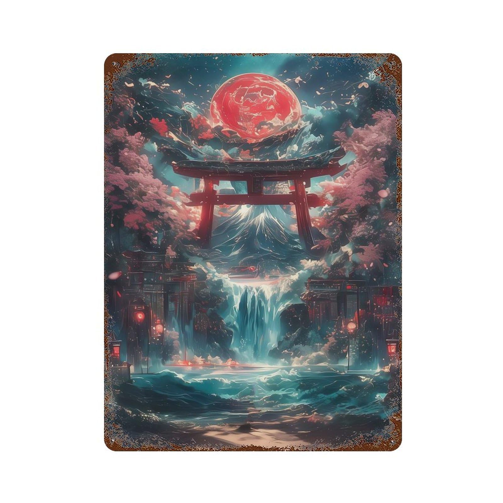 Torii Gate Waterfall Rusty Metal Tin Sign 15.7"x11.8", Industrial Home Decor for Garage, Pub Or Kitchen
