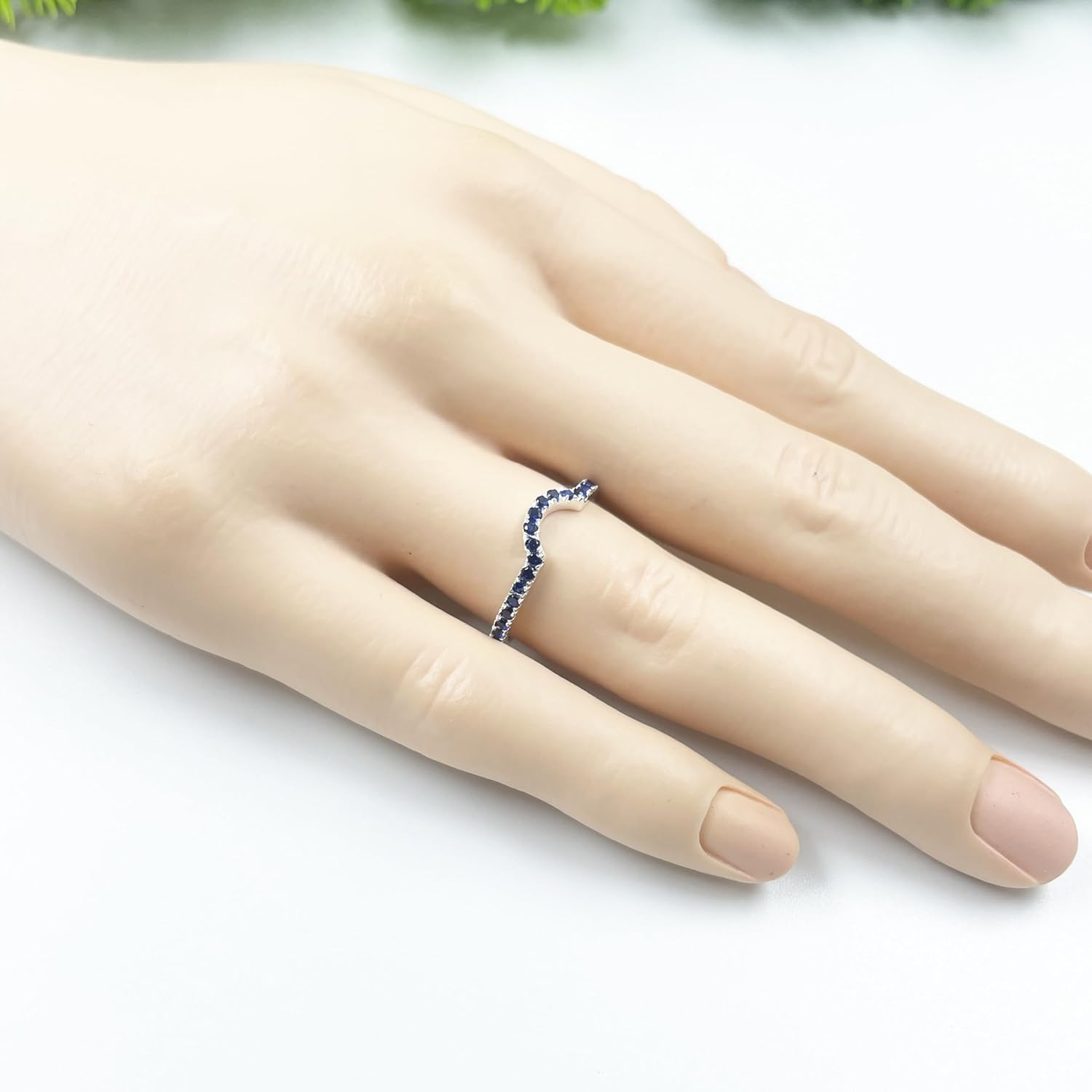 Round Cut Blue Sapphire Chevron Curved Wedding Anniversary Matching Band For Women, 14K Gold Plated 925 Silver September Birthstone Biue Sapphire Coutour Ring