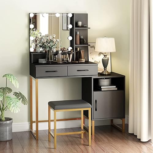 Miniatura 7 de Fameill Escritorio de tocador de maquillaje con espejo iluminado y estación de carga mesa de tocador blanca con cajón 10 luces LED tocador para