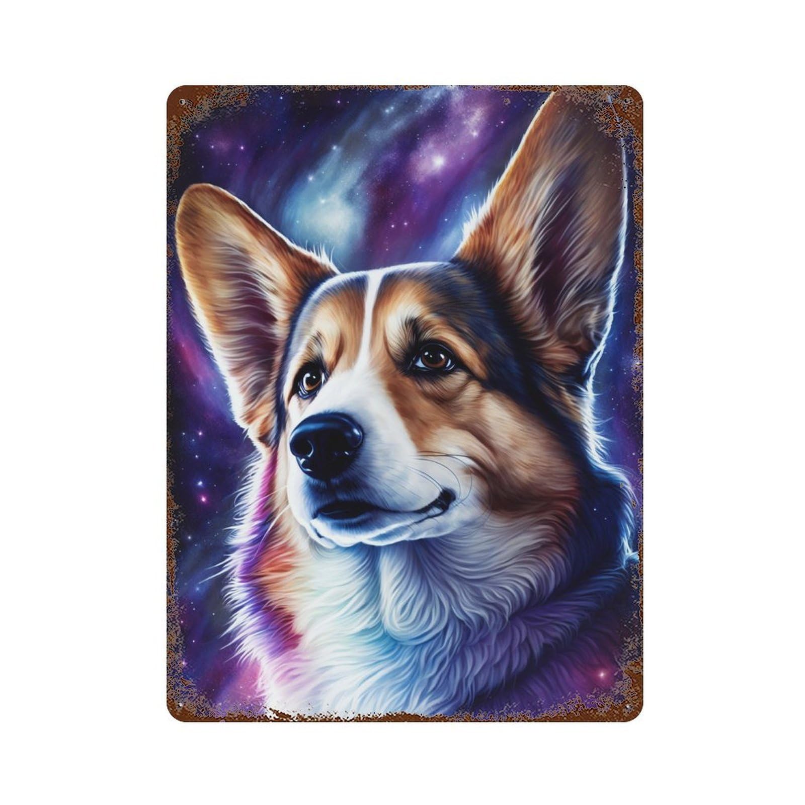 Aged Metal Wall Plaque with Cosmic Corgi Portrait-11 Design 15.7"x11.8", for Farmhouse, Kitchen And Entryway Decor, Old School Wall Decor
