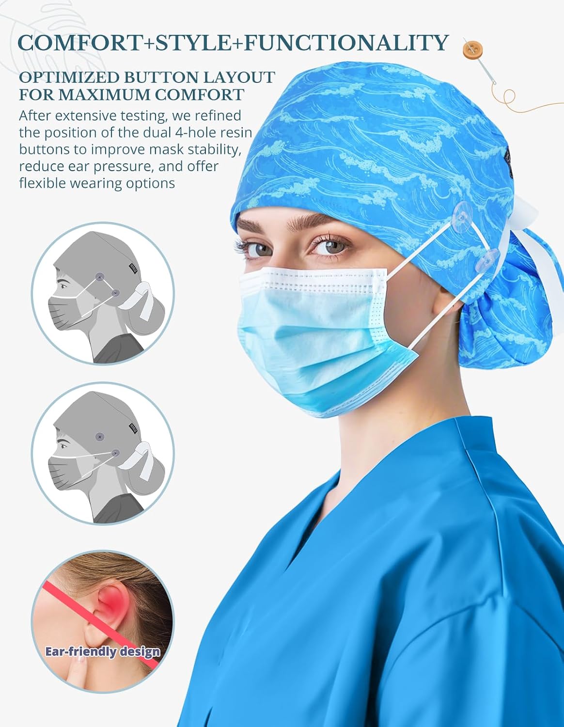 Scrub Caps Women Ponytail, Surgical Hat with Buttons and Sweatband