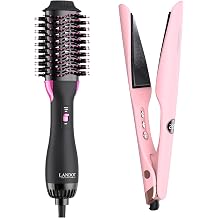 LANDOT Complete Styling Duo OneStep Hot Air Brush 60mm, 3 Temps/2 Speeds, FrizzFree Shine + 2in1 Twist Ceramic Flat Iron 1inch, 250450F, Dual Voltage Salon Blowouts, Sleek Straight & Bou