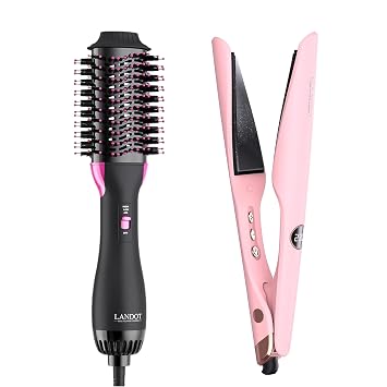 LANDOT Complete Styling Duo OneStep Hot Air Brush 60mm, 3 Temps/2 Speeds, FrizzFree Shine + 2in1 Twist Ceramic Flat Iron 1inch, 250450F, Dual Voltage Salon Blowouts, Sleek Straight & Bou