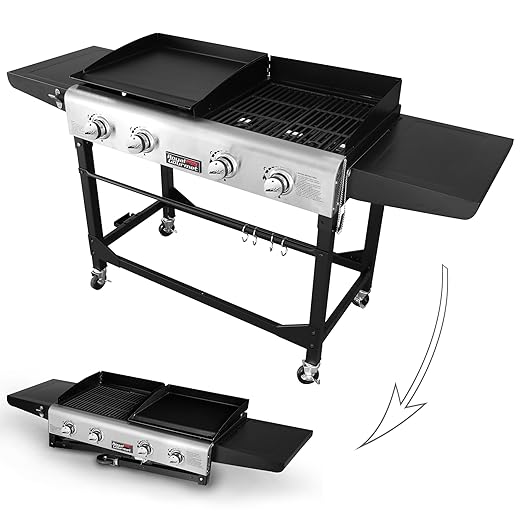 Royal Gourmet GD401 Portable Propane Gas Grill and Griddle Combo with Side Table | 4-Burner, Folding Legs,Versatile, Outdoor | Black