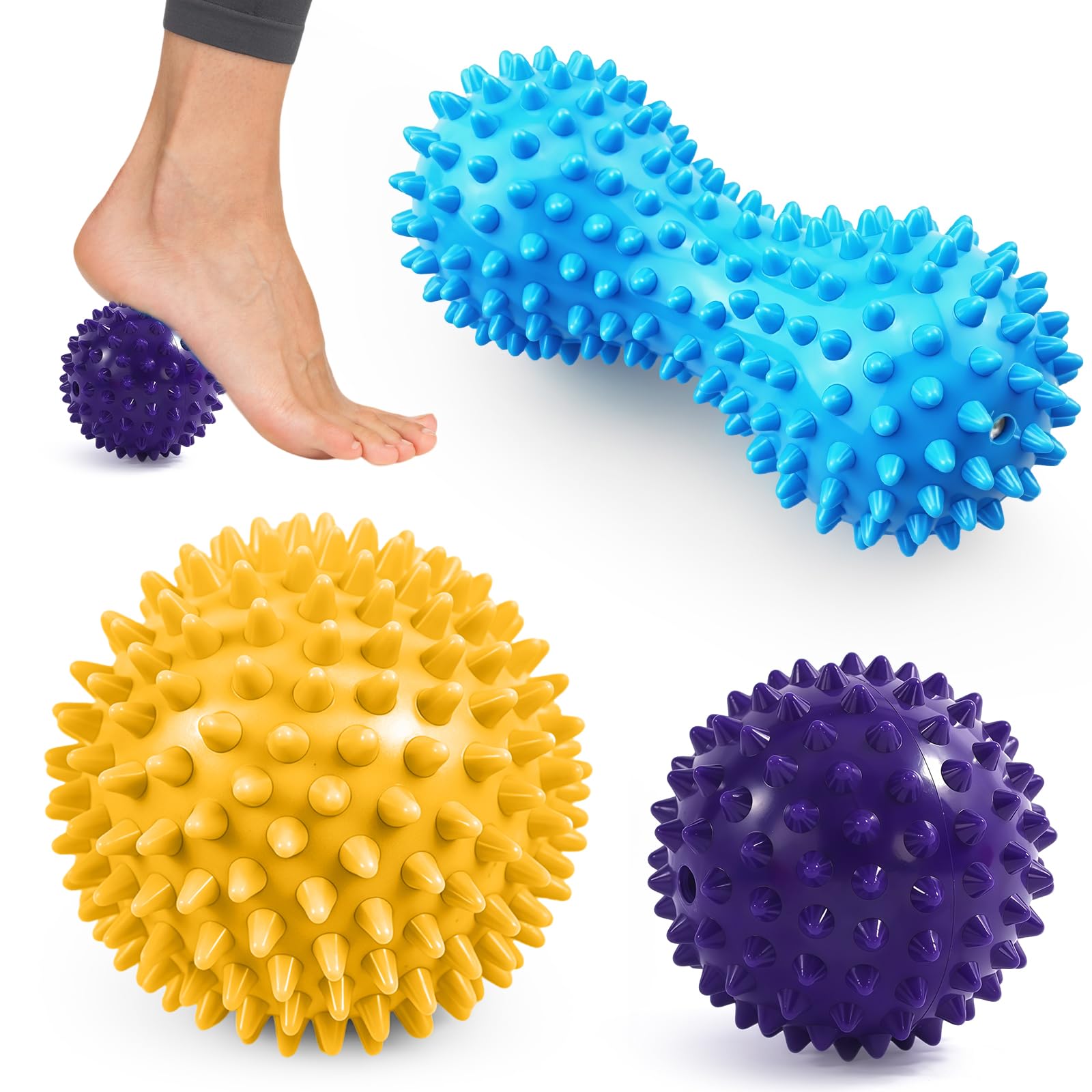 Igelball Massageball Set, Spiked Massage Ball Hart, Premium Massageball Set, Massagebälle mit Noppen,für Rücken Beine Füße Hände, Stress Reflexzonen, 3er Igelball
