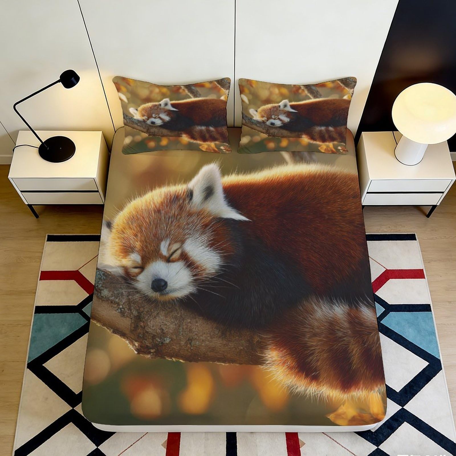 3D Printed Red Panda Fitted Sheet Microfiber Soft Durable Sleeping Animal Bed Cover for Bedroom Dormitory Guest Room Mattress Protection Decor 160x200x25cm