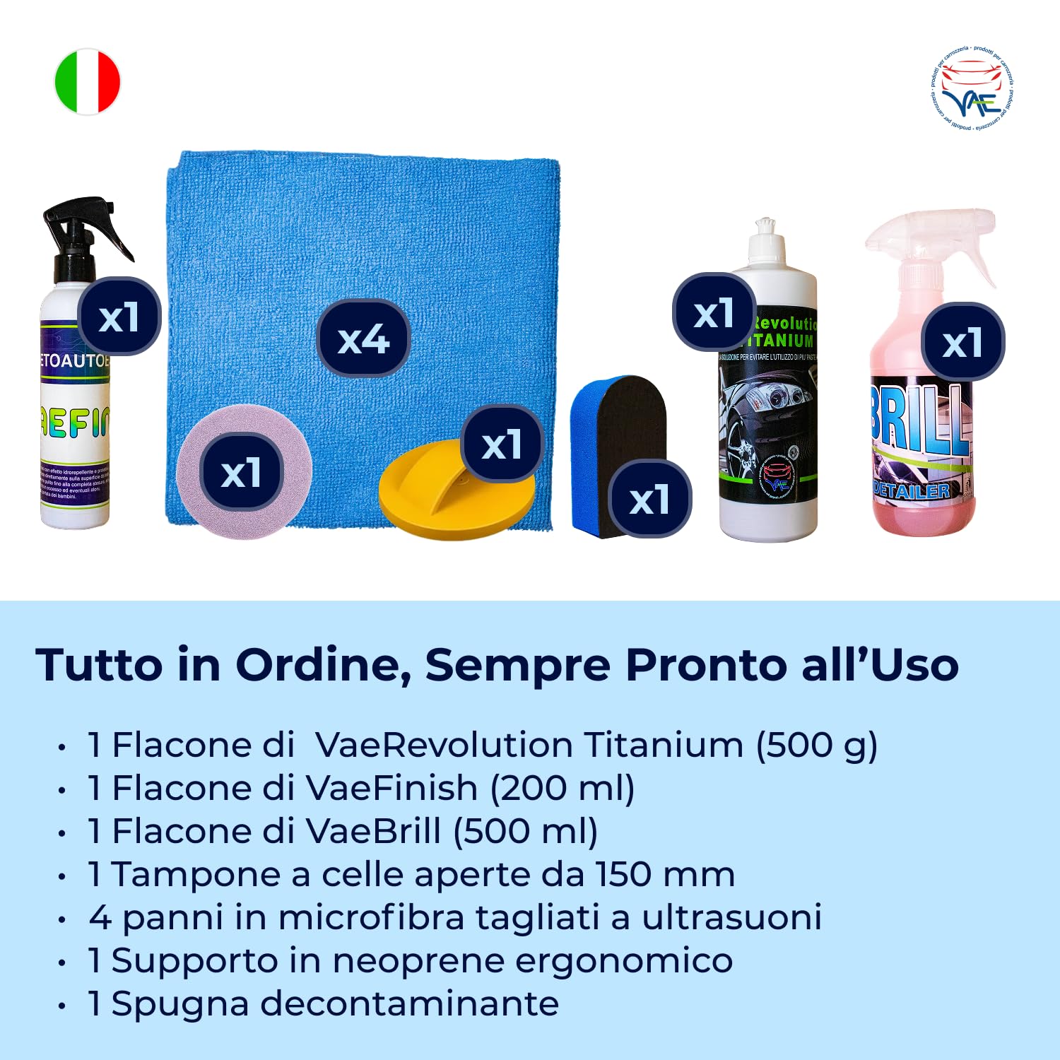 VAE Kit di Lucidatura Manuale Plus per Auto con Valigetta, Lucidante, Sigillante e Detergente Professionali, Inclusi Tampone, Spugna e Panni Microfibra – Auto Lucida e Protetta come dal Detailer