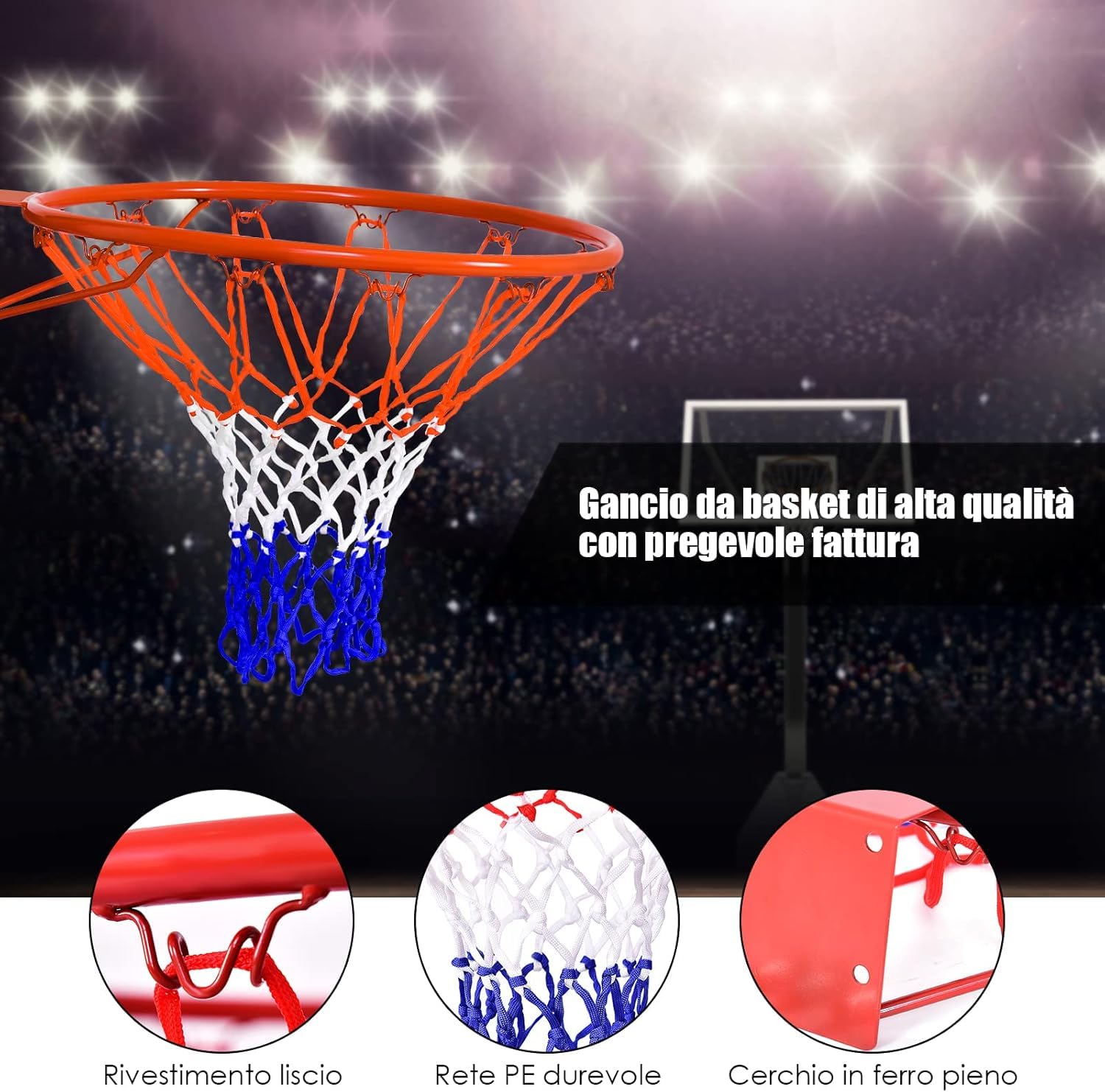 GYMAX Anello Canestro da Basket, in Ferro e PE, Rete di Pallacanestro a Muro, per Bambini e Adulti, Facile da Montare, Diametro di 46cm