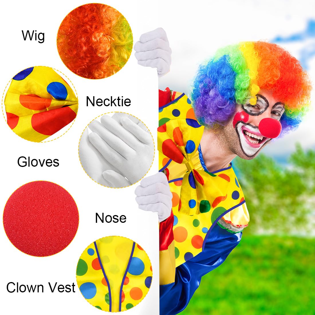 5 Stück Clown Kostüm, Zirkus Clownkostüm, Clown Lockenperücke Regenbogen, Clown Nase Handschuhe Bunte Krawatte, Clown Kostümzubehör, Fasching Karneval Cosplay Accessoire für Kinder Damen Herren