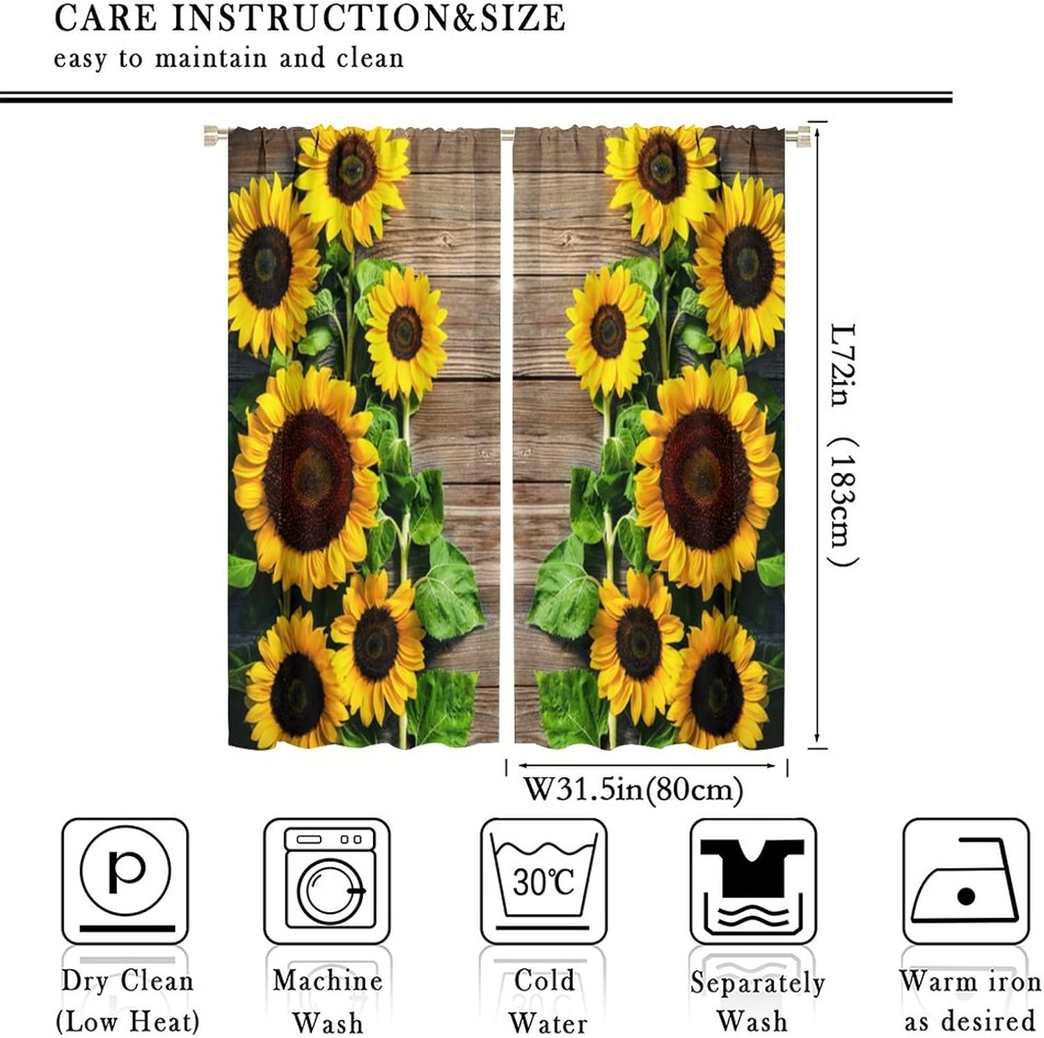 Sunflower Kitchen Curtains,3D Printed Pattern Sunflowers Rod Pocket Window Treatments for Bedroom Living Room Café Polyester Fabric Window Drapes 2 Panel Set,Total Size 63" x 72"
