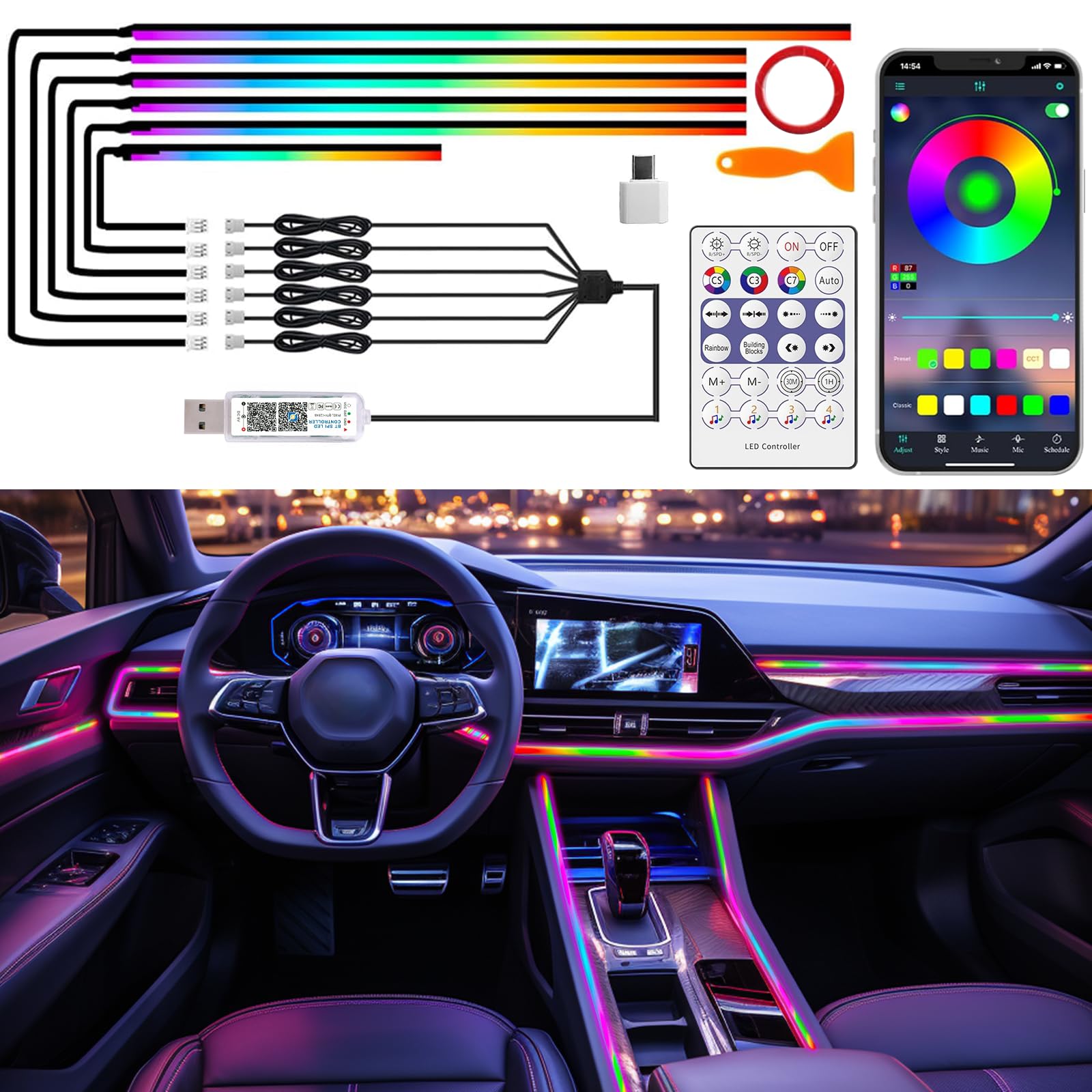 Acryl 6 IN 1 Auto Ambientebeleuchtung, RGB LED Auto Innenbeleuchtung Strip Lights 445cm 584 LEDs Innenbeleuchtung Streifen mit 16 Millionen Farben, 240＋Dynamische, App+Fernbedie