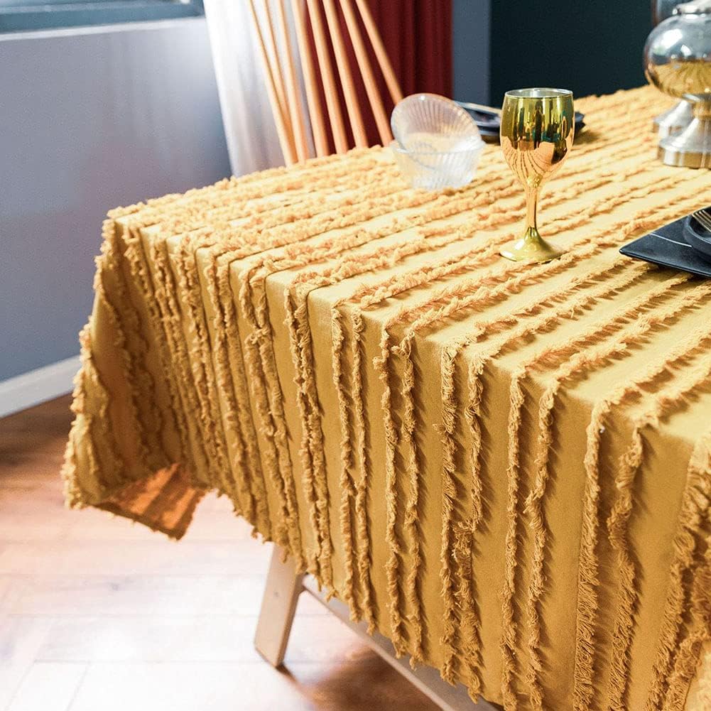 vctops Boho Cotton Linen Tablecloth Striped Jacquard Pattern Table Cover for Kitchen Dinning Farmhouse Tabletop Decoration (Mustard Yellow, 59"x79") : Home & Kitchen