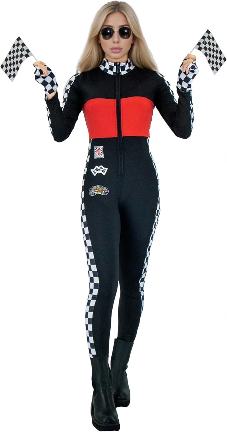 Race Car Driver Costume Women,Race Car Driver Jumpsuit Sexy Racer Halloween Bodysuit Sunglasses Glove Flag Outfit - Image 3