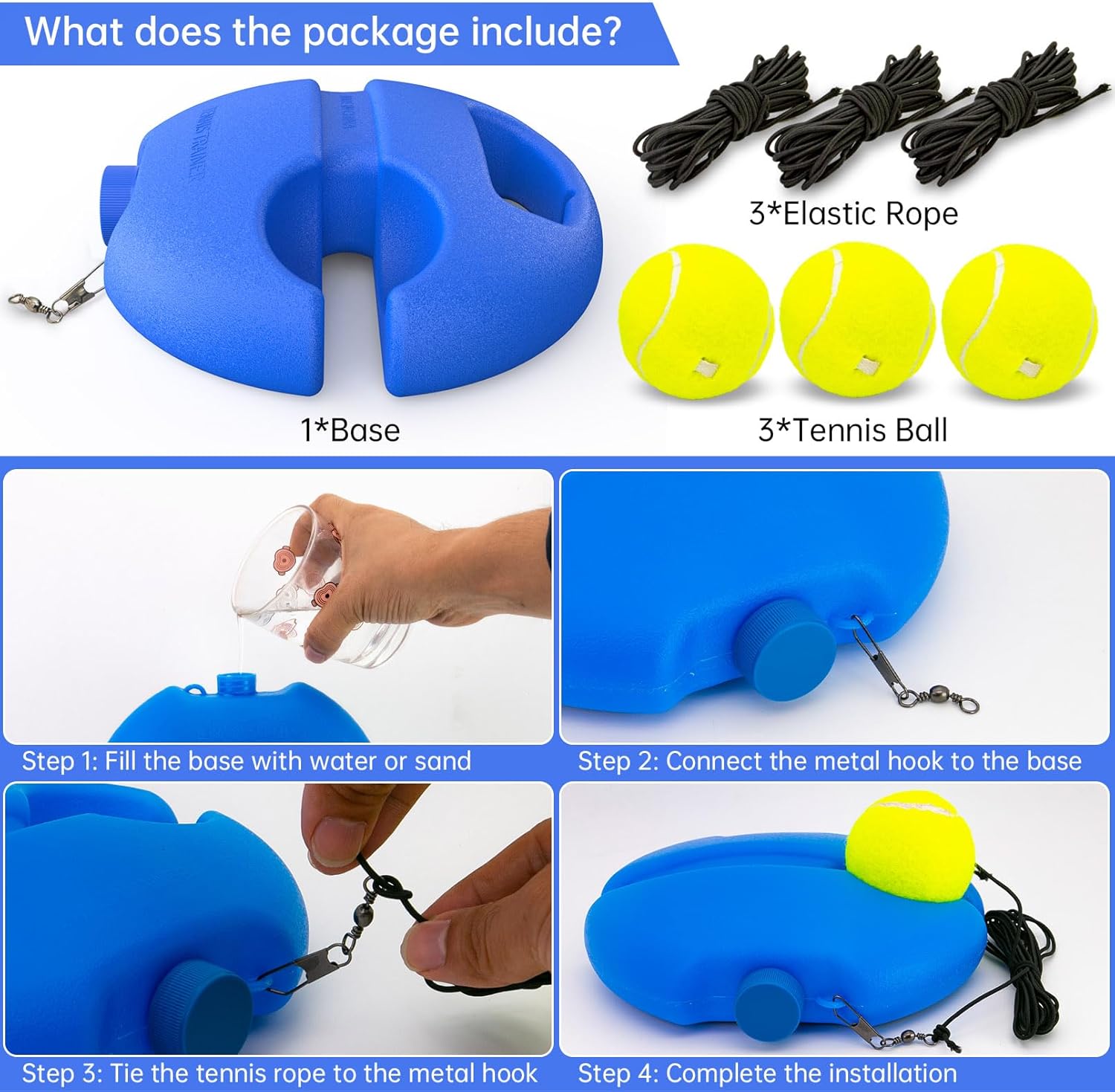 Tennis Trainer Rebound Ball with 3 String Balls, Portable Tennis Training Tool Suitable for Beginners Sport Exercise-Blue