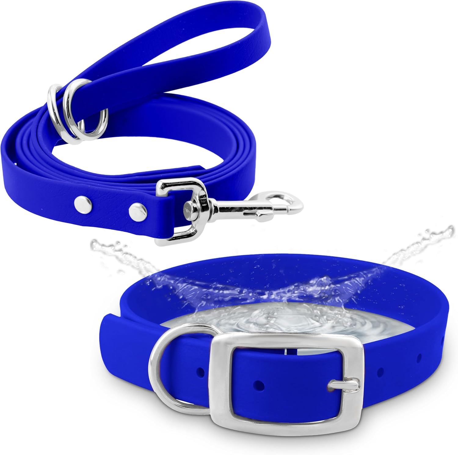 Regal Dog Products Large Blue Waterproof Dog Collar and Leash Set | Heavy Duty Double Buckle & D Ring - 5'ft Leash | Adjustable Biothane Dog Collar | Chew Resistant Waterproof Collar for Dogs