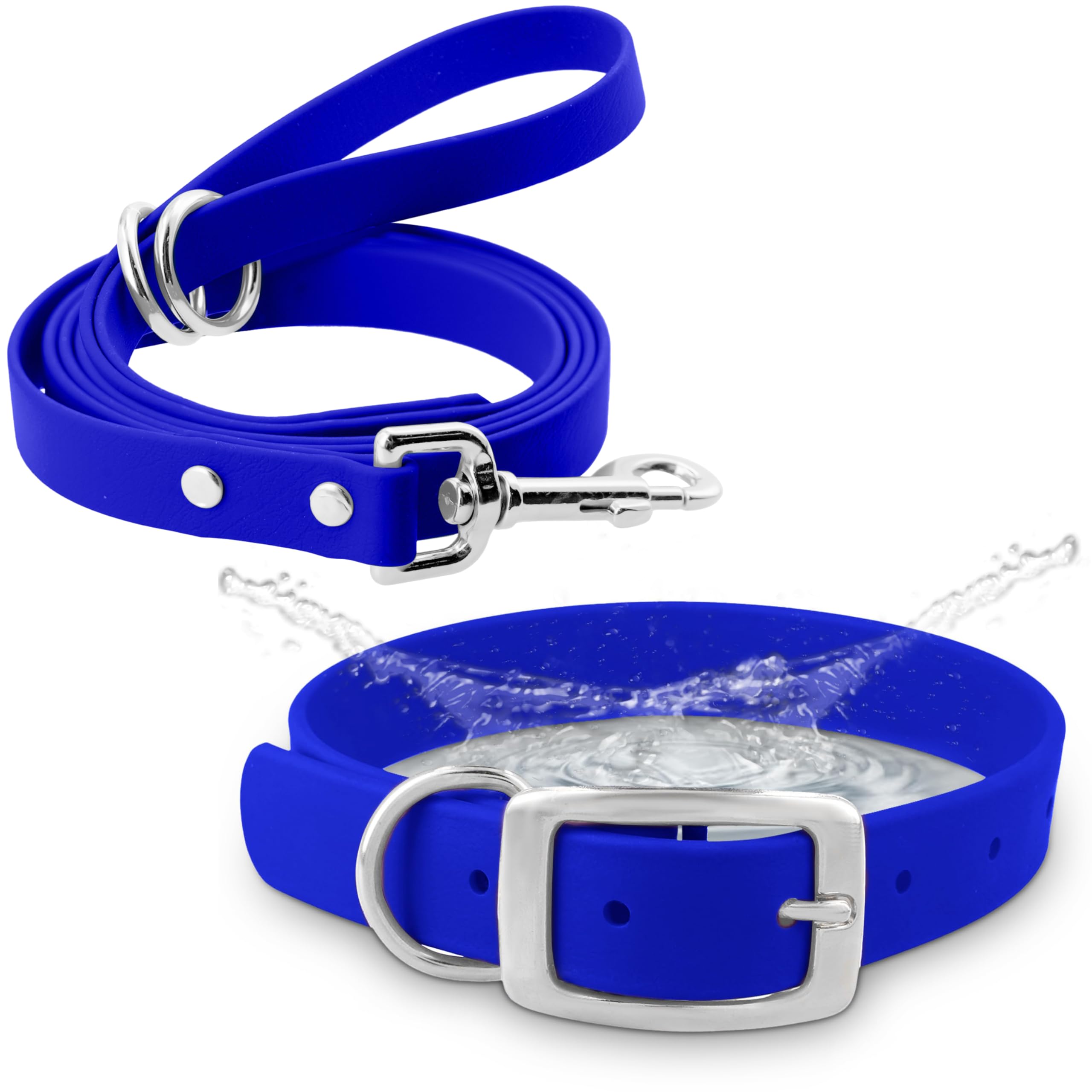 Regal Dog Products Medium Blue Waterproof Dog Collar and Leash Set | Heavy Duty Double Buckle & D Ring - 5'ft Leash | Adjustable Biothane Dog Collar |