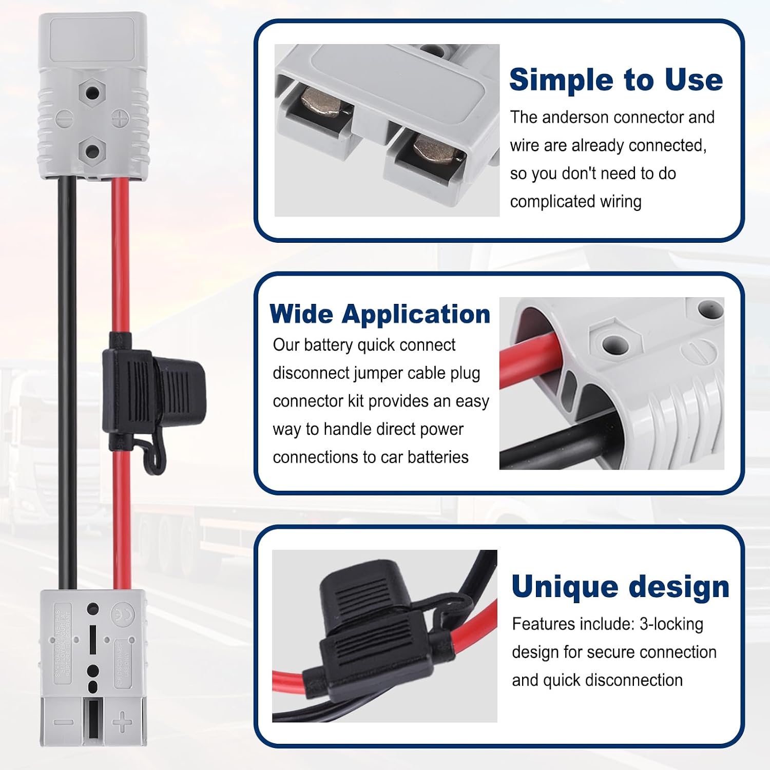 600V Battery Quick Connector, Dual Anderson Plug Cable with Fuse, Electric Forklift Charging System, Connect/Disconnect Design (50A)