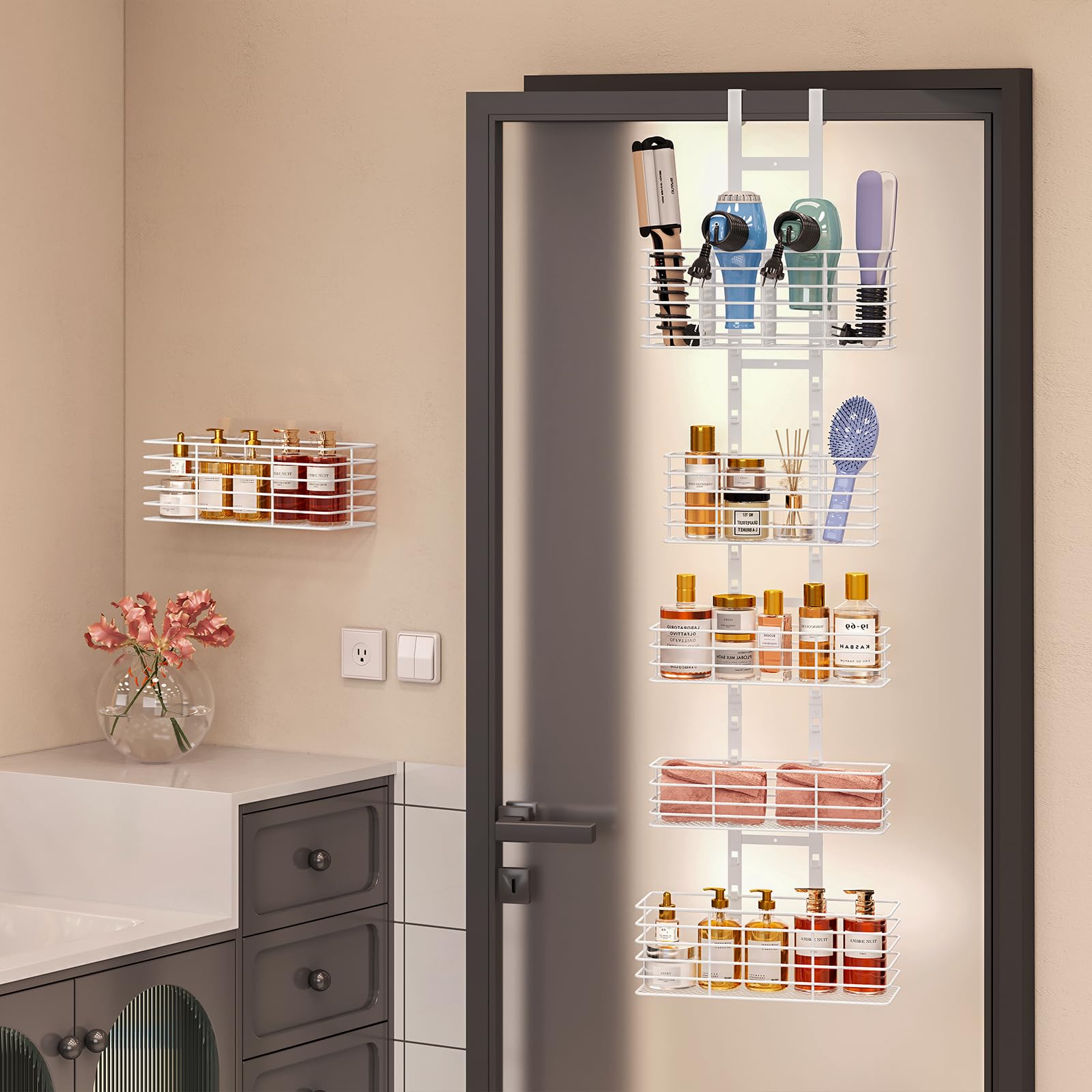 Organizador de 5 niveles sobre la puerta, estantes de baño, organizador de herramientas para el cabello, soporte para secador de pelo, altura ajustable, estante de almacenamiento de baño de 5