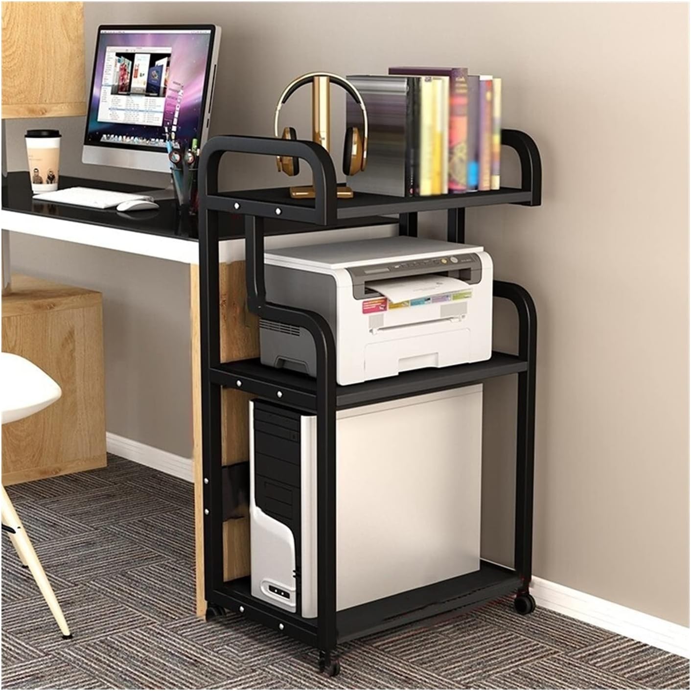 CPU Stand PC Tower Stand Printer Stand, 3-Tier Printer Cart with Storage, Mobile CPU Holder with Sturdy Steel e for Home and Office Computer Tower Stand (Color : A) (D)