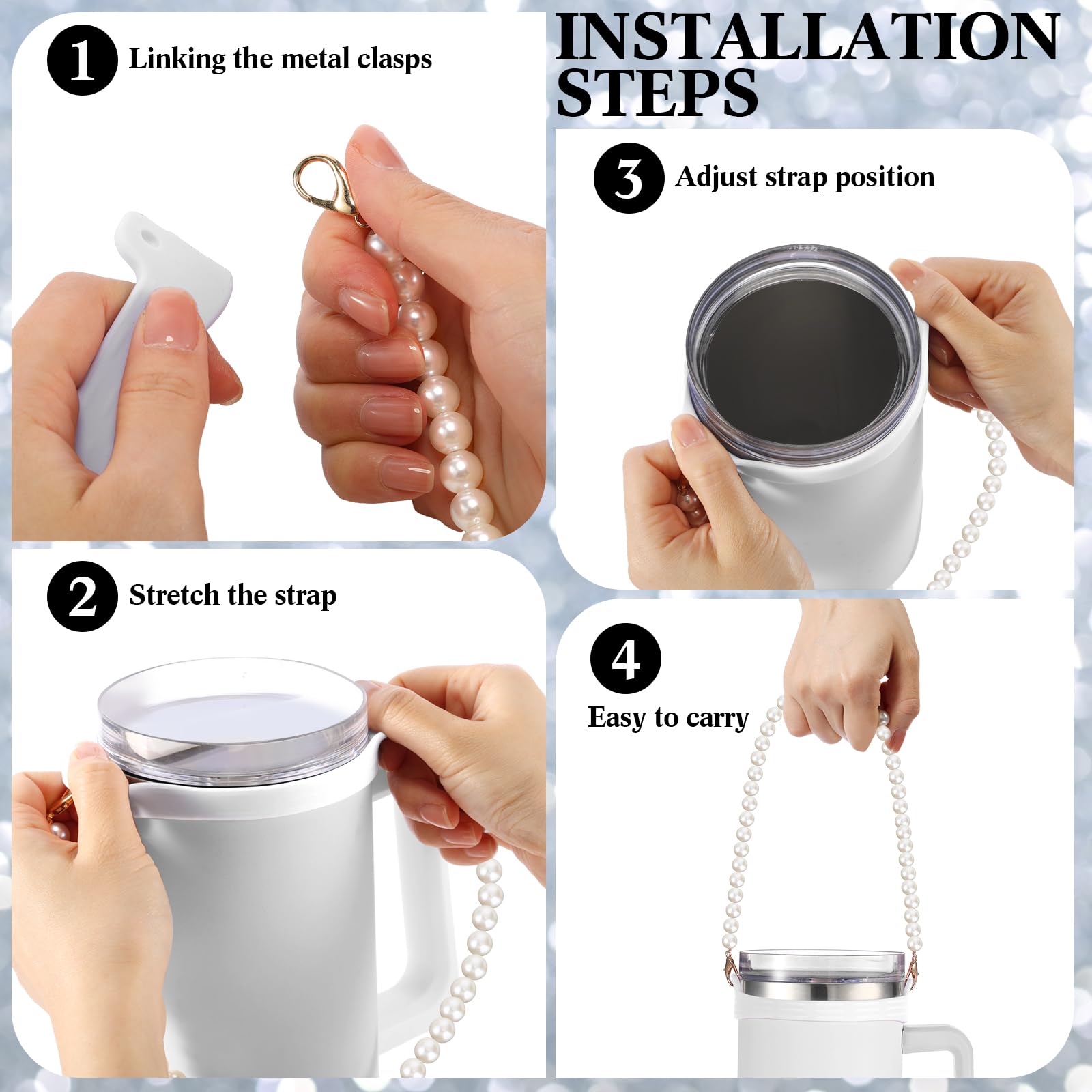 2 Pcs Silicone Water Bottle Handle With Pearl Strap - Compatible With Stanley Cups & Most 8-40 Oz Tumblers - View #3