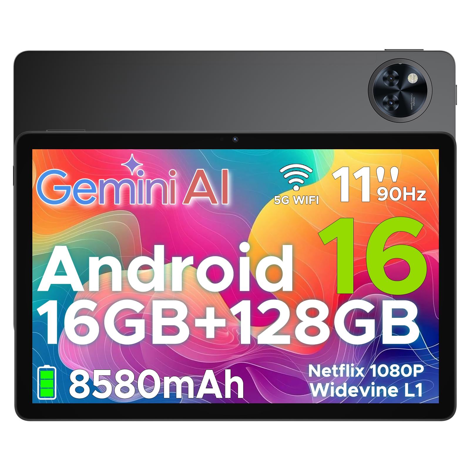 U11 Tablette Android 16 avec Gemini AI,11 Pouces 90 Hz,16GB RAM+128GB ROM(2TB TF),Octa-Core Tablette Android, 8580mAh,Corps Métallique Ultra-Mince 7,9 mm,Caméra 13MP,Widevine L1/Face ID