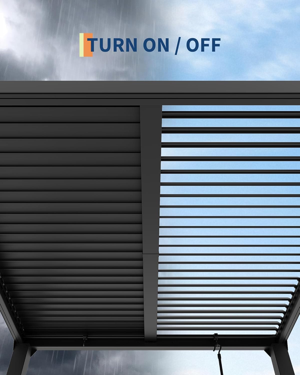 Diagram illustrating the built-in drainage system of the pergola, showing blue arrows indicating water flow from the louvered roof into the support columns.