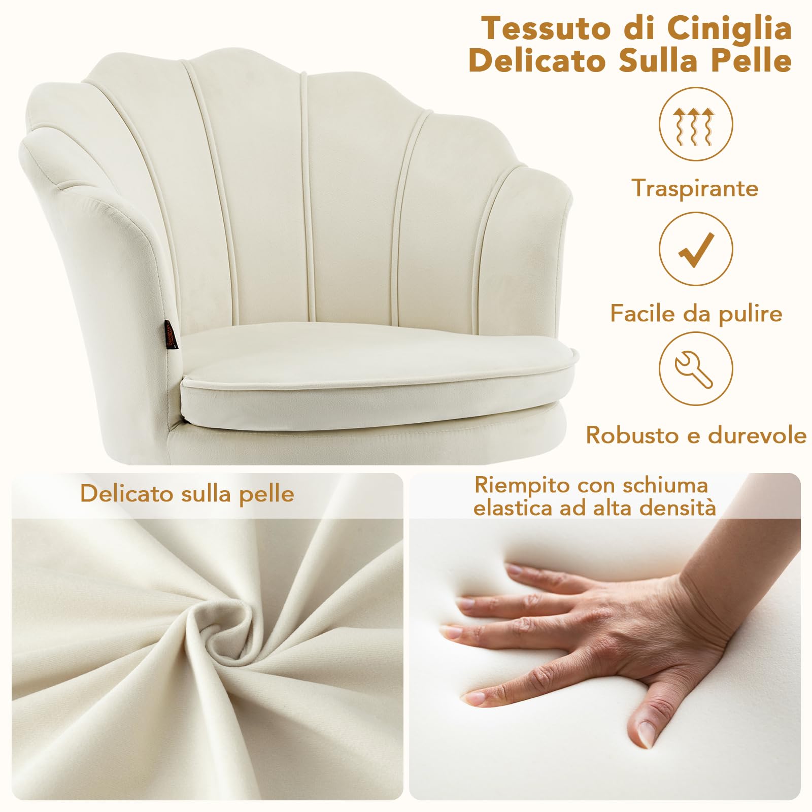 Poltrona Conchiglia Camera da Letto, Poltrona da Salotto in Velluto, Poltroncina Imbottita con Gambe in Oro per Soggiorno Camera da Letto Sale da Pranzo, Beige