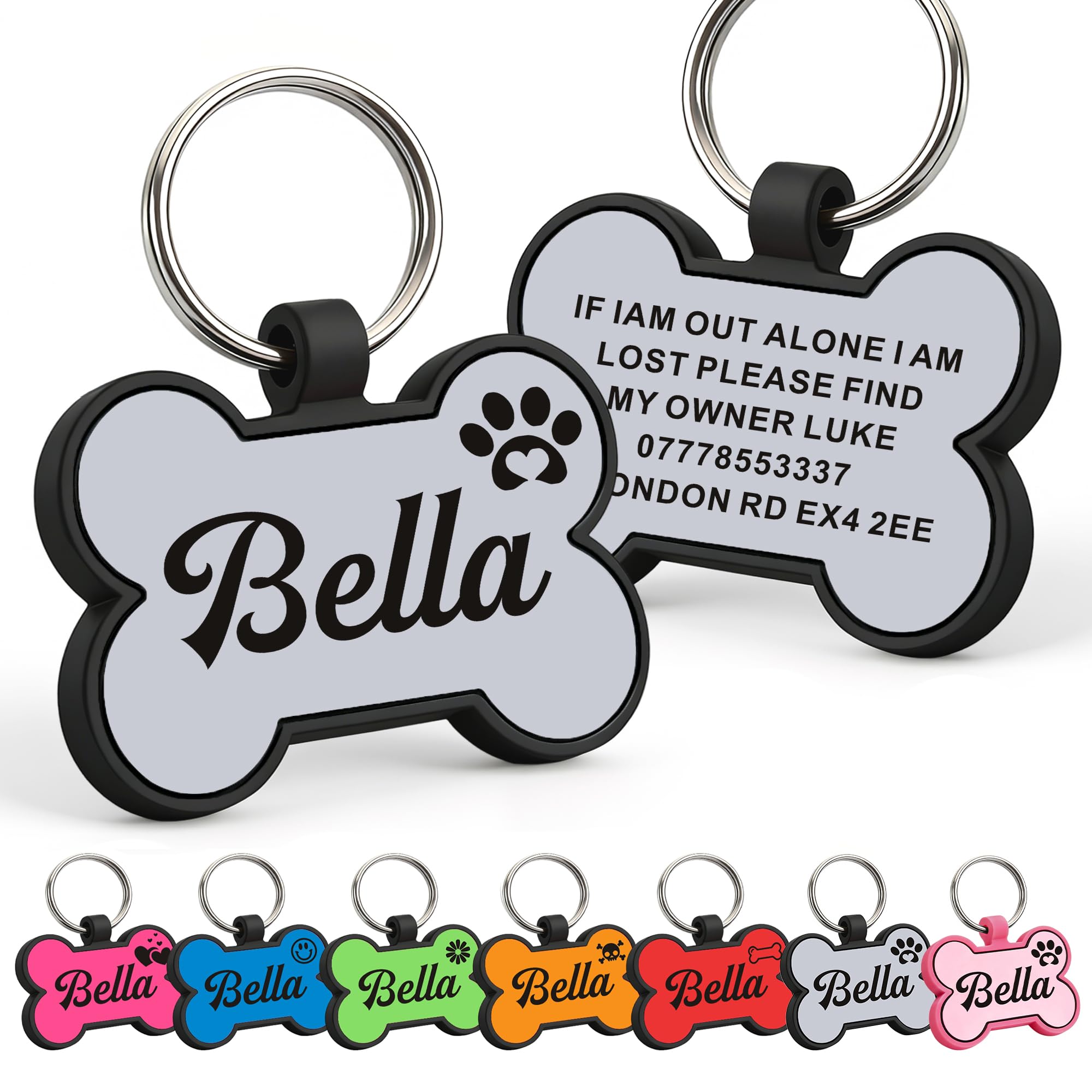 EDSG Dog Tags for Pets Engraved UK, Personalised Dog Tag Dog Name Tag ID Tags, Custom Dog Tags for Dogs Cats Puppy Kitty, Silicone Personalised Dog Tag (Grey Bone)