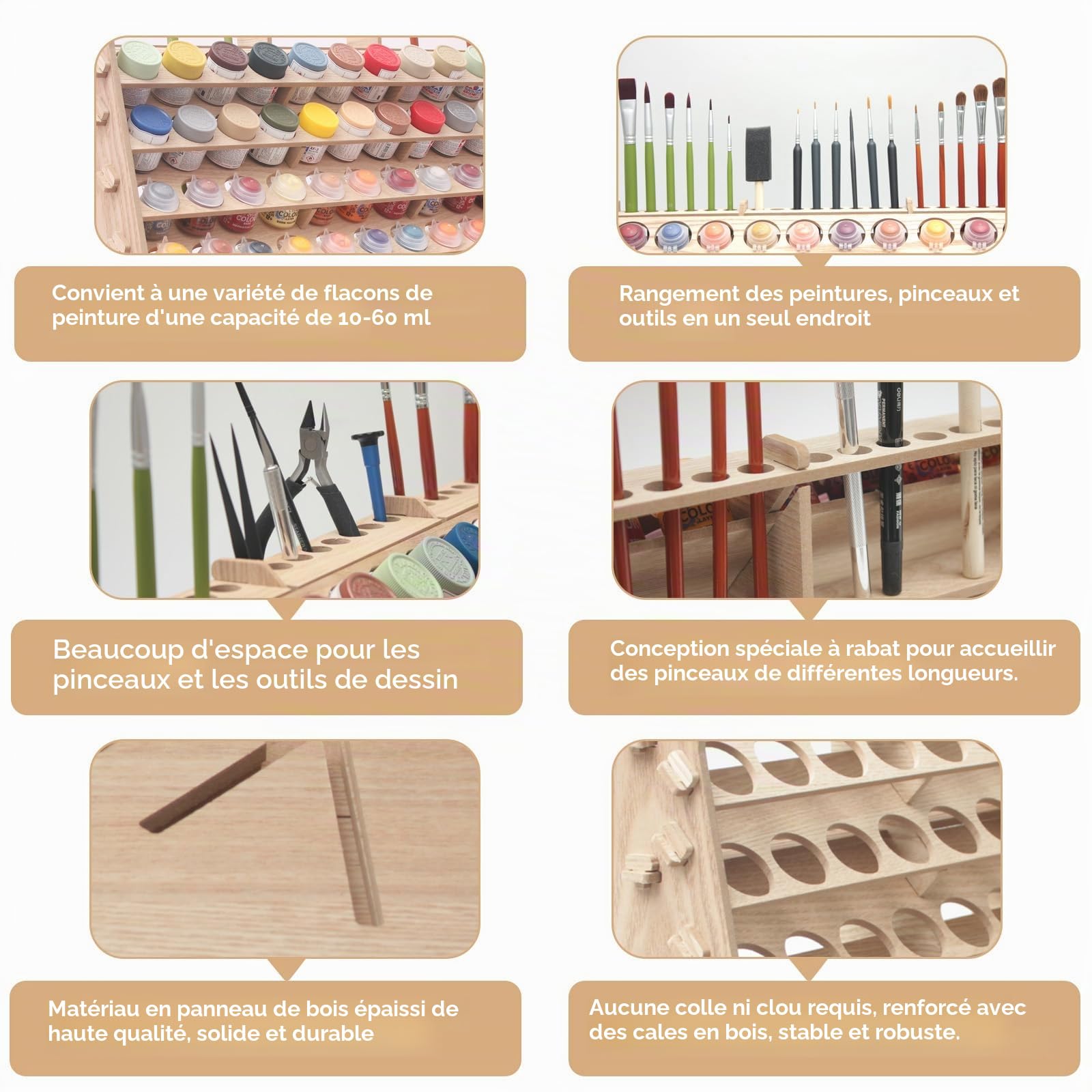 Organiseur de Peinture Extra Large en Bois à 9 Niveaux pour 99 Bouteilles et Pinceaux - Acrylique, Huile Artisanale, Loisirs Créatifs - Mini Station pour Artistes