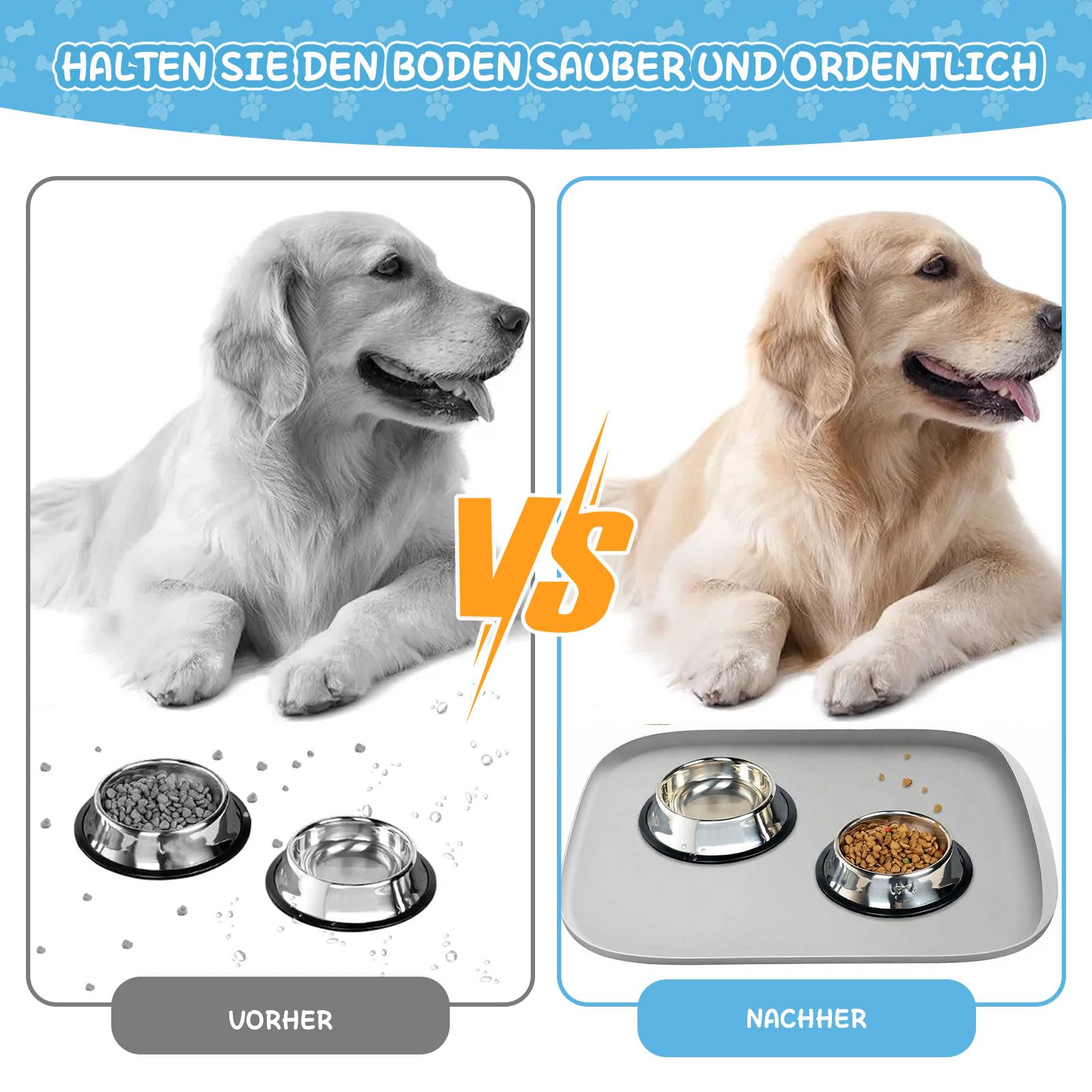Hundefuttermatte - Silikon-Futtermatte für Haustiere, rutschfeste Katzennapfmatte, Wasserdichtes Tablett-Kissen, Napfunterlage Katzen für Mittlere und Kleine Haustiere (Hell-Grau, 45x30 cm)