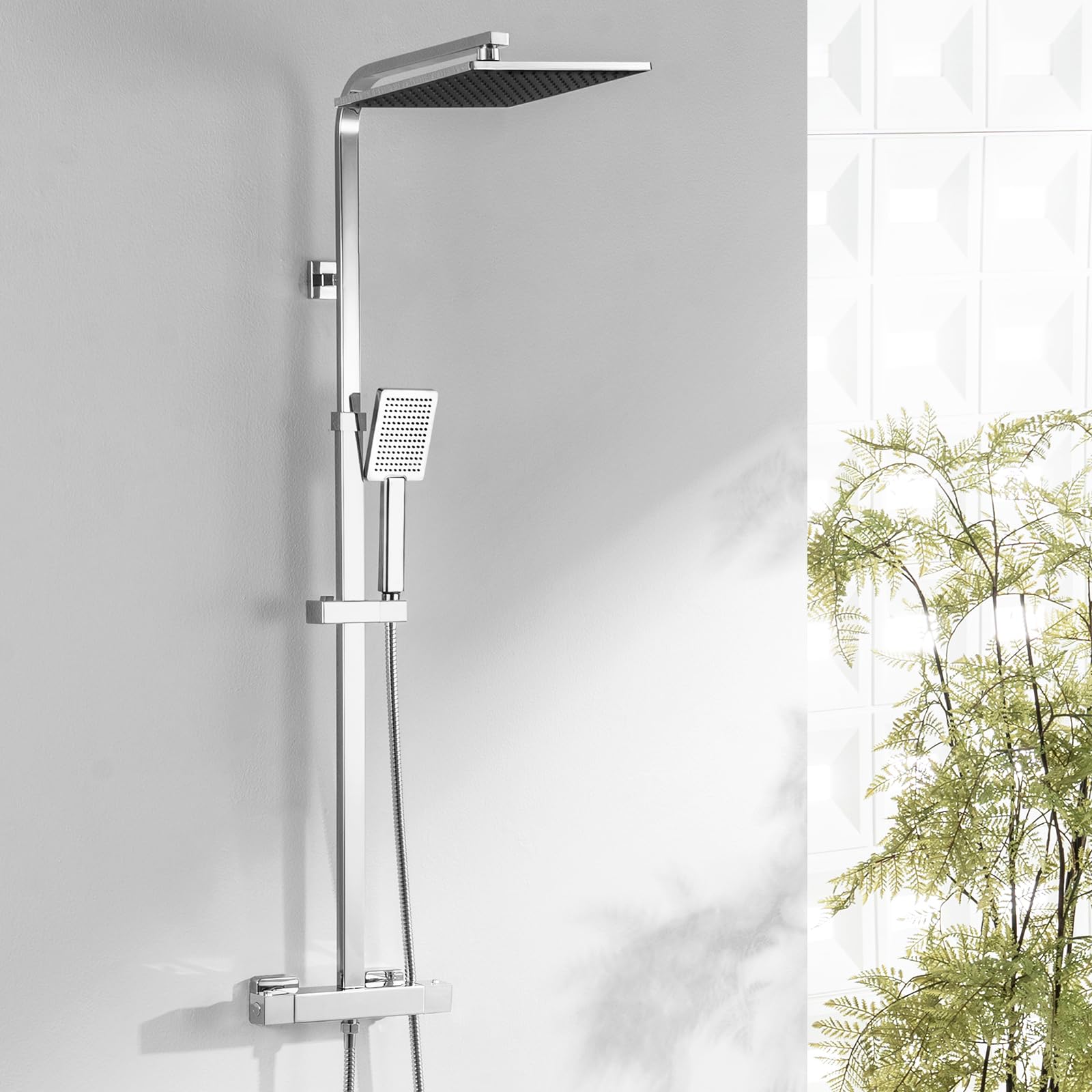 Auralum Colonna Doccia con Miscelatore Termostatico, Miscelatore Doccia con Saliscendi Doccia in Acciaio Inox Altezza Regolabile 97-130cm, Asta Doccia con Soffione Doccia Quadrato 25cmx25cm e Doccetta