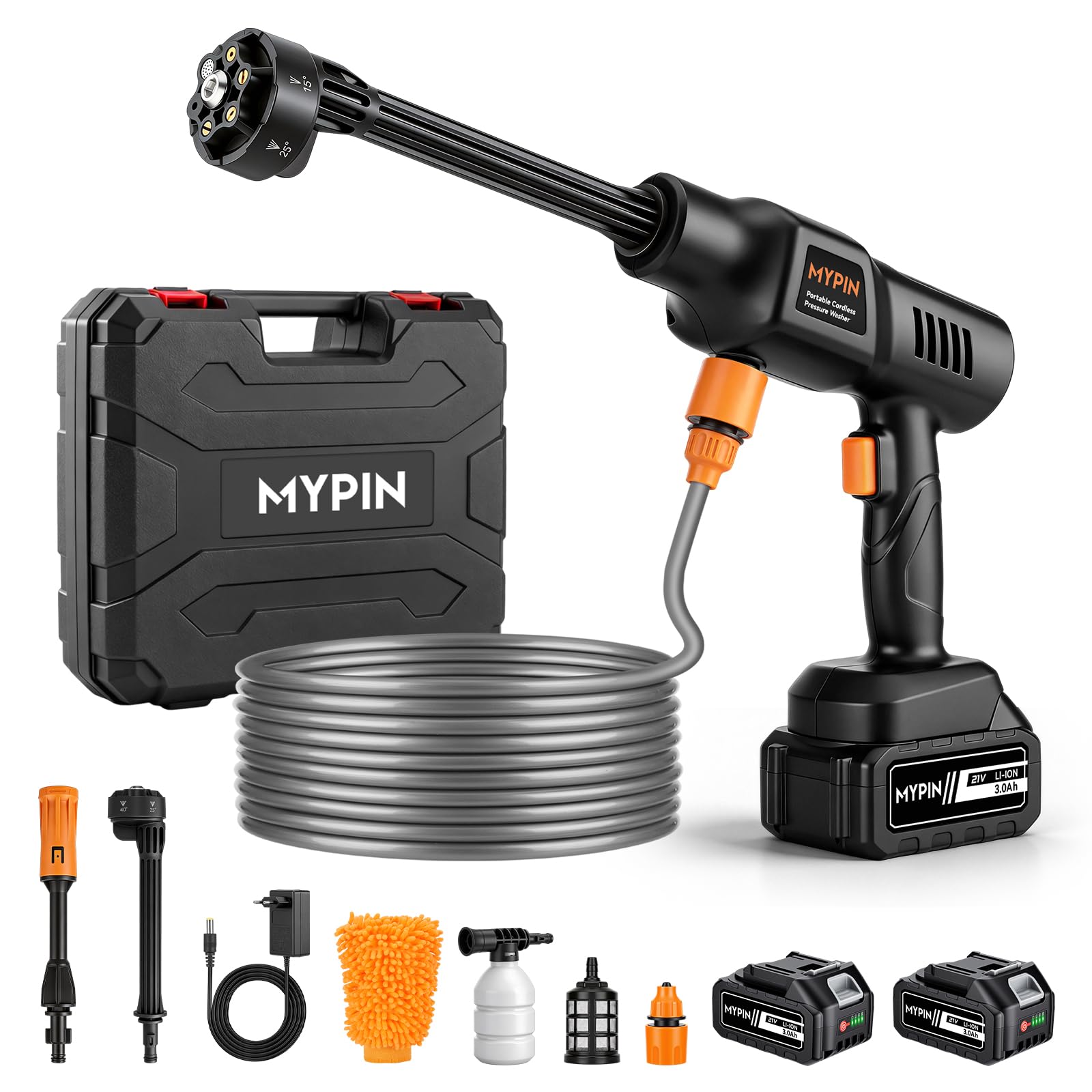 Hidrolimpiadora a Bateria, 600 PSI, 21V, con 2 Baterías Recargables, 6 en 1 Boquilla con Boquilla Estándar para Limpieza de Coches, Suelos, Paredes y Vallas