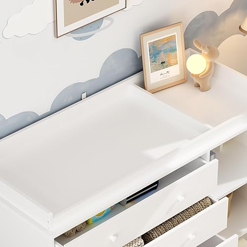Miniatura 5 de Cómoda de guardería con cambiador de bebé, cambiadores de pañales para guardería con 5 cajones y estantes, organizador de guardería para dormitorio,