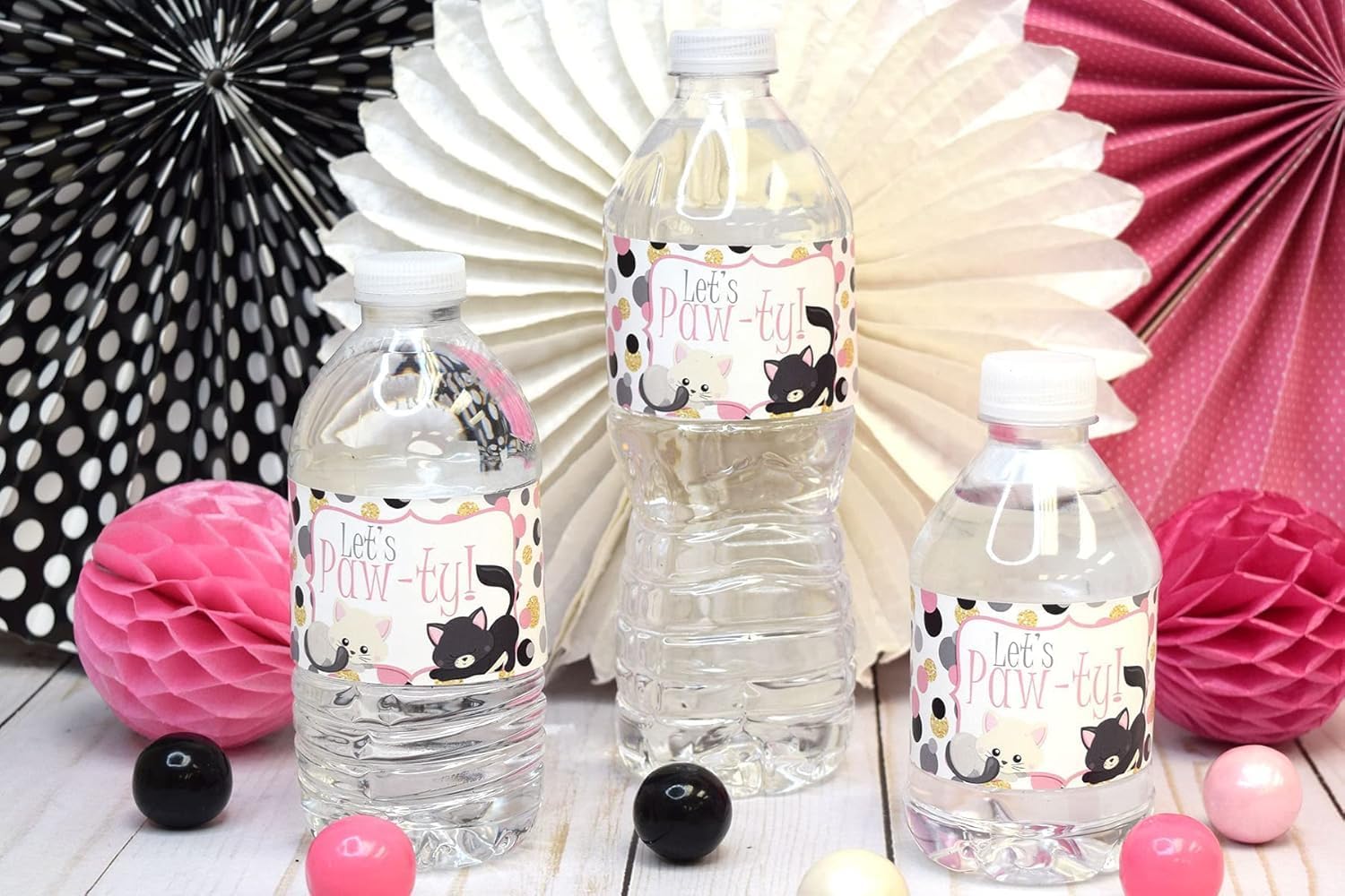 Polka Dot Kitty Cat Themed Birthday Party Waterproof Water Bottle Sticker Wrappers, 20 1.75" x 8.5" Wrap Around Labels by AmandaCreation