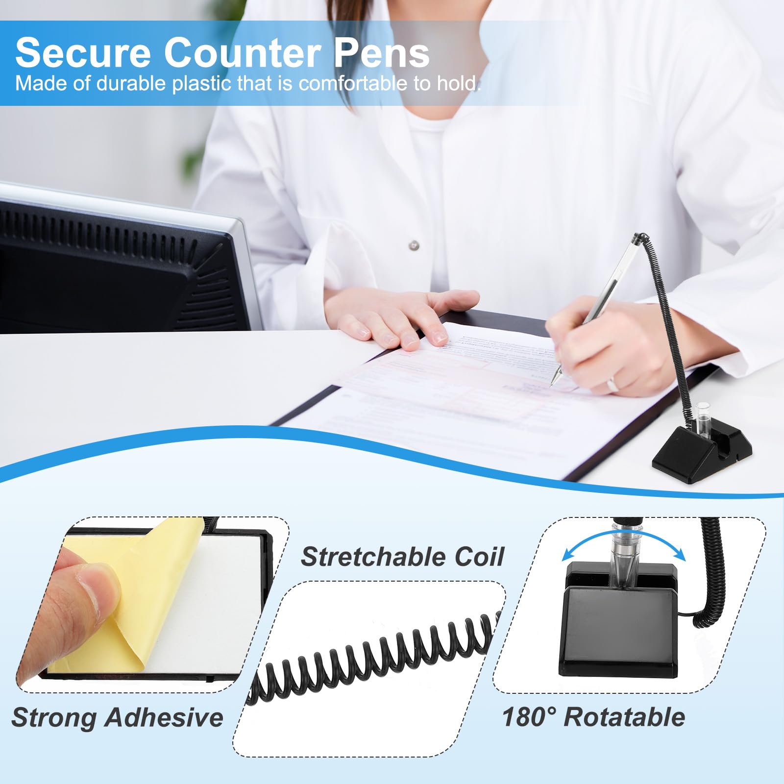 PATIKIL 9 Pcs Stylo Sécurisé avec Chaîne Adhésive et de Sécurité, Comptoir de Réception Bureau Recharges Encre Noire pour Fournitures de Bureau, Noir