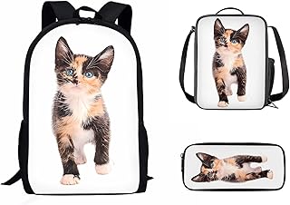 Beauty Collector Backpacks Set Calico Cat Print Cute Bookbags Lightweight with Lunchbag and Pencil Case