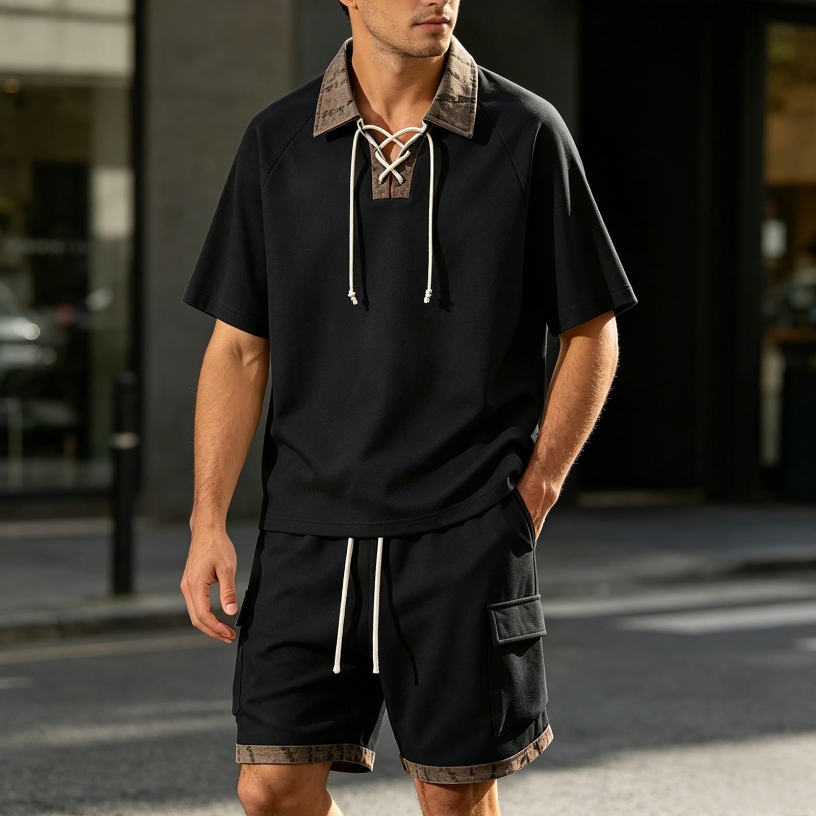 Tuta da jogging da uomo, due pezzi, polo e pantaloncini, con coulisse, estiva, per il tempo libero, abbigliamento sportivo, con risvolto, tuta da allenamento per attività all'aperto