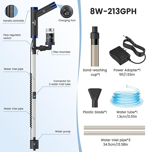 Miniatura 7 de fishkeeper Limpiador eléctrico para peceras – Herramientas de limpieza de acuarios recargables de 8 W con aspiradora de grava, cambiador de agua