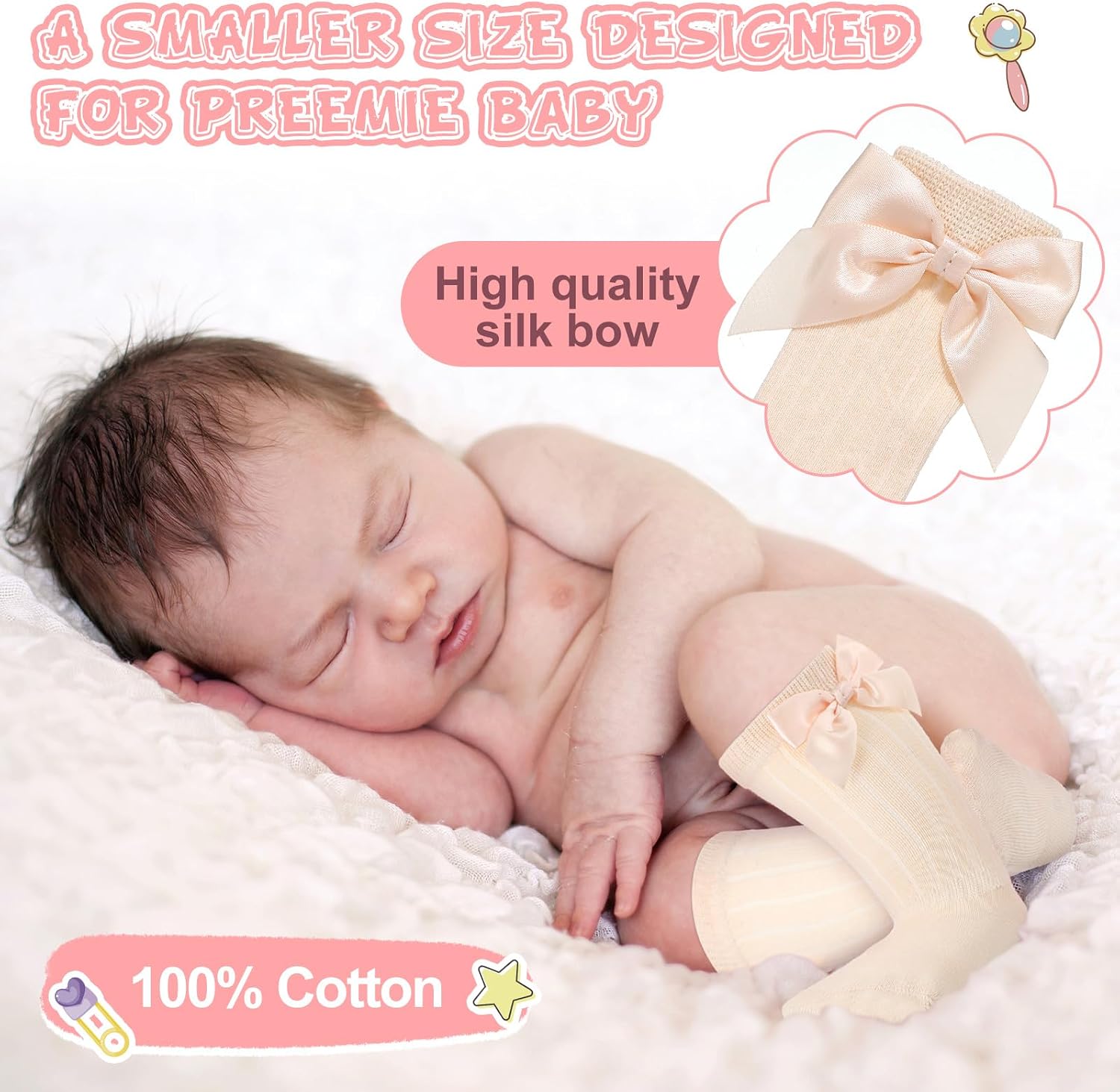 Mepase 10 Pairs Long Preemie Socks Premature Newborn Baby Knee High Sock Bow Cotton Stocking for Nicu Girl Boy Infant Toddler