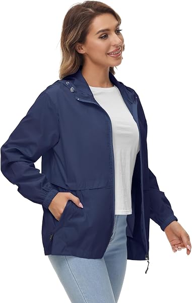 Chaqueta impermeable ligera para mujer, cortavientos con capucha plegable para actividades al aire libre - 4