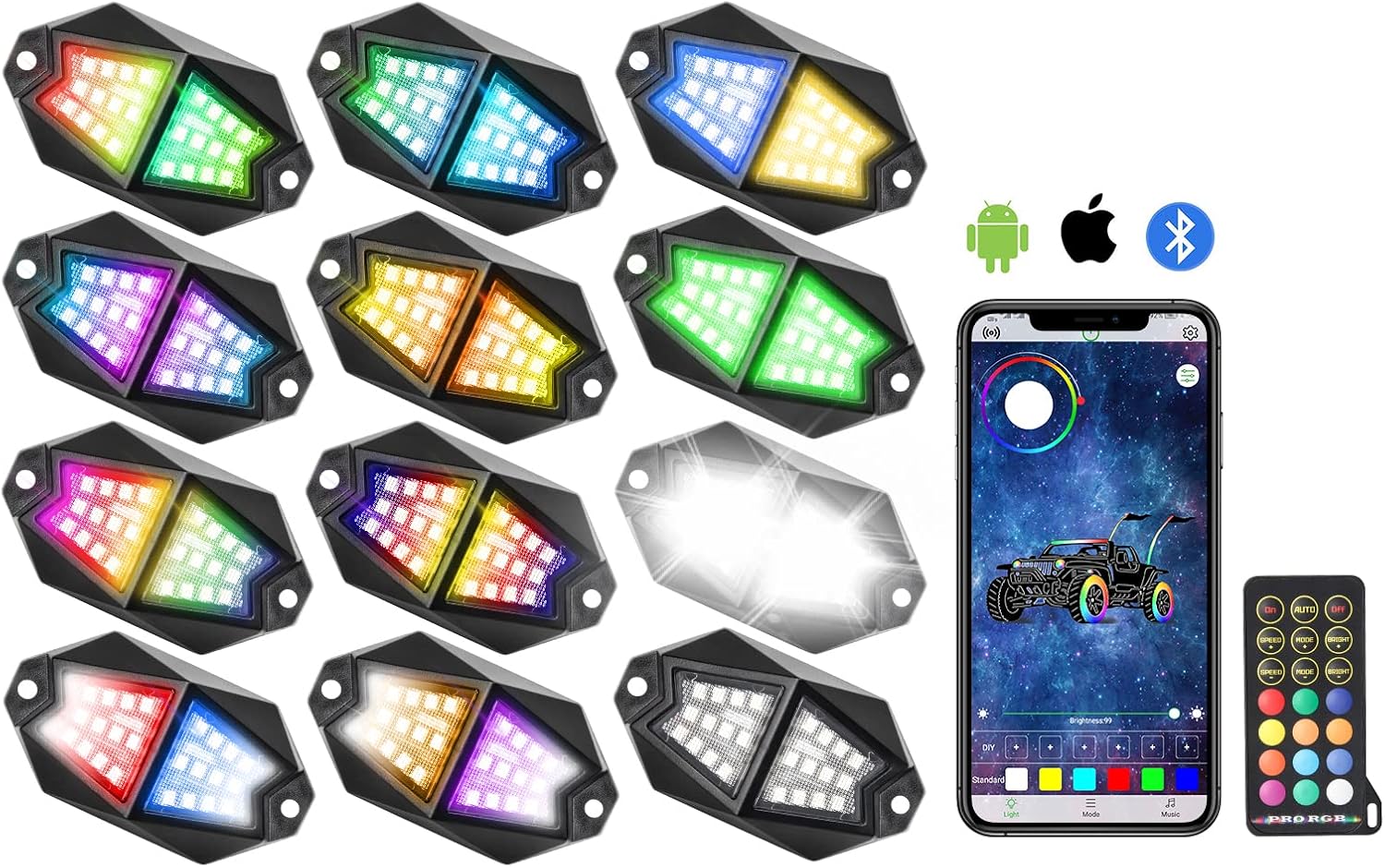 OPP ULITE 12Pod Led Rock Lights Dream Chasing Color, 210° Luminous, 48W 288pcs Led, Smartphone APP & RF Remote Control RGBW Underglow Interior Light for Jeep Trucks SUV Car JK UTV ATV RZR Offroad Boat