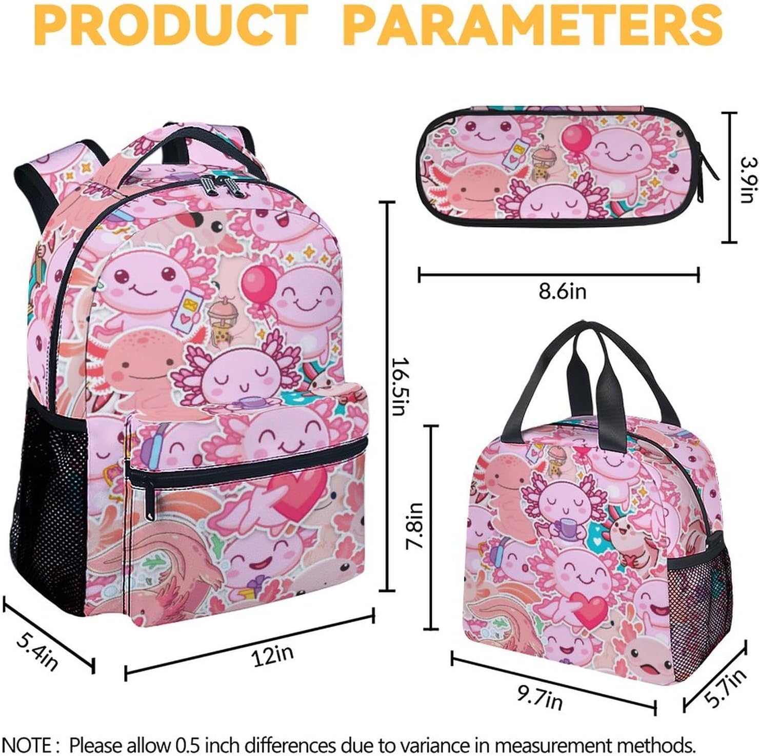 Axolotl Backpack with Lunch Box And Pencil Case, Set of 3 Cute Bookbag for Girls Boys, Lightweight Large Capacity School Bag with Adjustable Straps