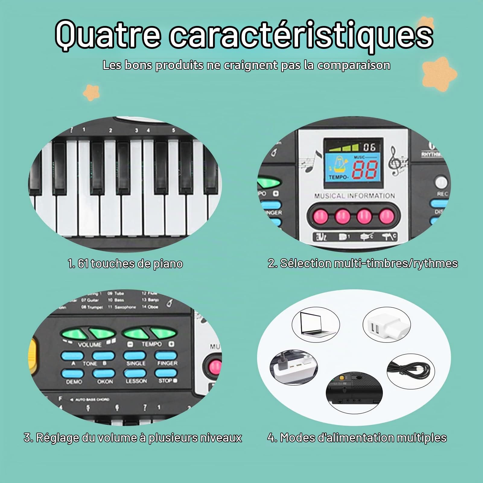 Piano électrique 61 Touches pour les Débutants avec des Caractéristiques Microphones et Polyvalentes