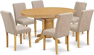East West Furniture AVAB7-OAK-04 7 Piece Dining Room Table Set Consist of an Oval Kitchen Table with Butterfly Leaf and 6 Light Tan Linen Fabric Parson Dining Chairs, 42x60 Inch, Oak