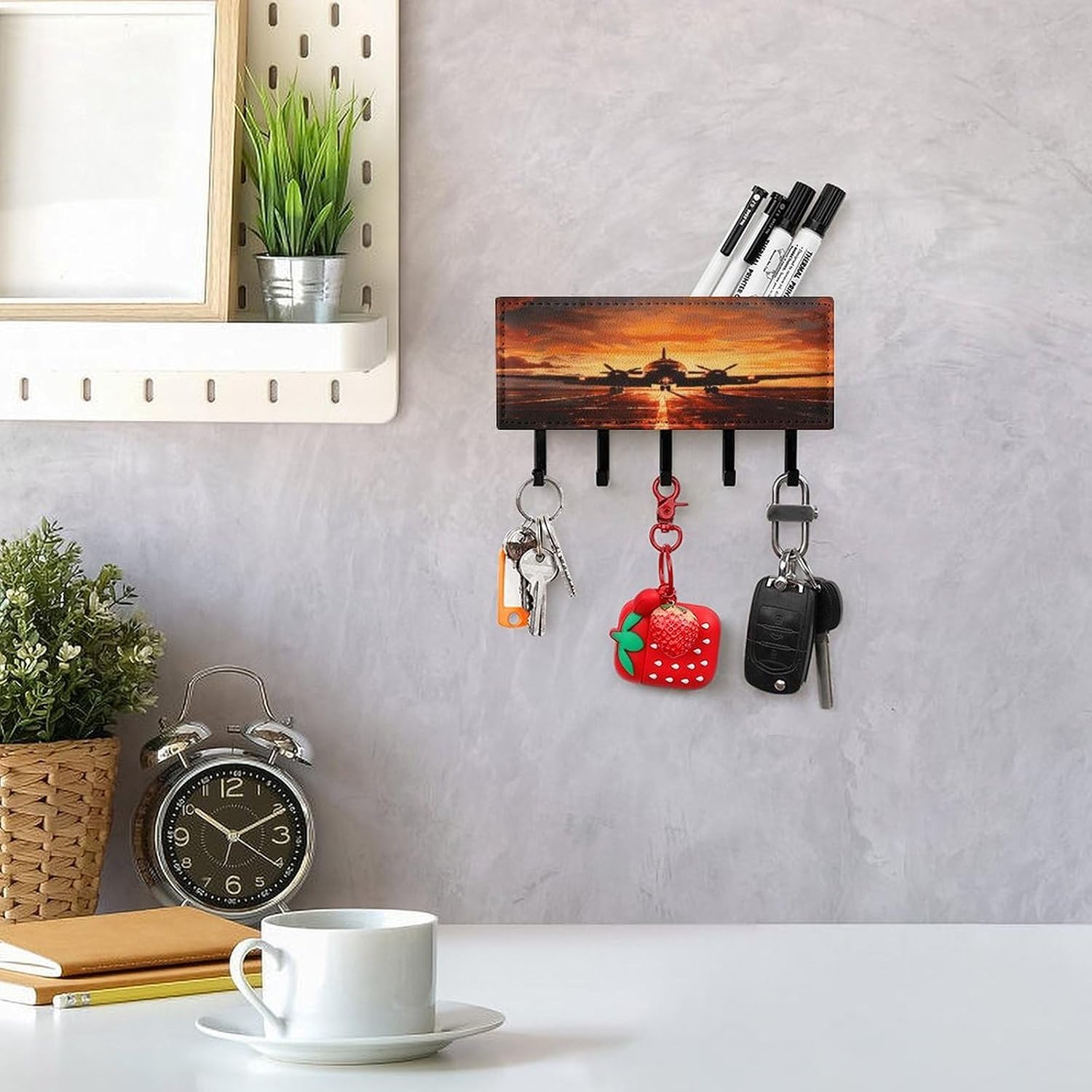 Key Holder Wall Mount Key Hanger with 5 Hooks, Decorative Key Rack | Aircraft Plane at Sunset Hanging Key Hooks with Mail Organizer for Wall Living Room Kitchen Bathroom Hallway