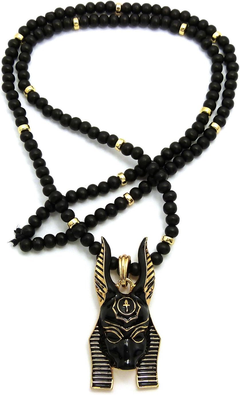 Fashion 21 Egypt God Anubis Head Pendant 6mm 30" Wooden Bead Necklace in Gold, Silver Tone