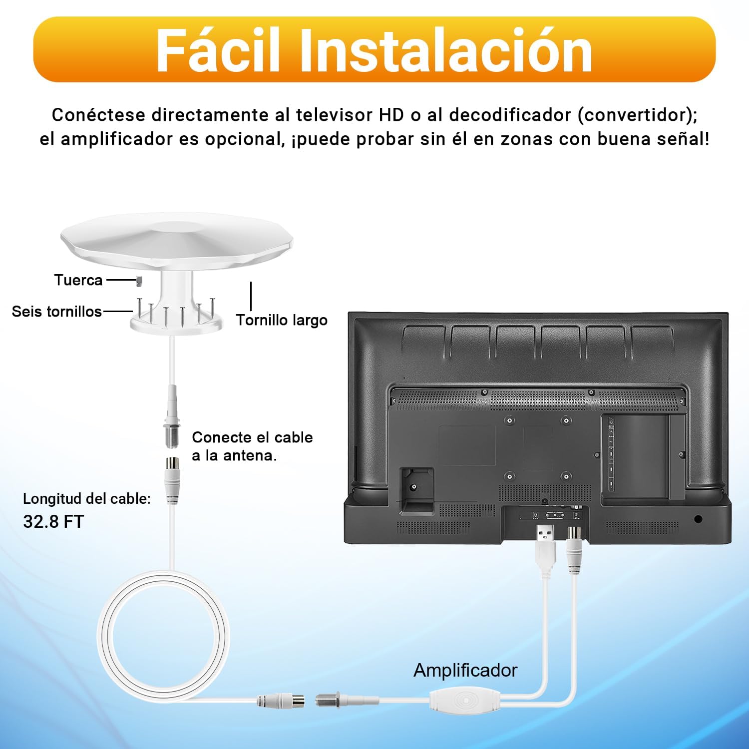 Antena TV Exterior Potente TDT Digital, Compatible con Antena TV Interior Potente, al Aire Libre con Recepción Omnidireccional 360°,Canales Locales 4K 1080P, Cable Coaxial de 32,8ft