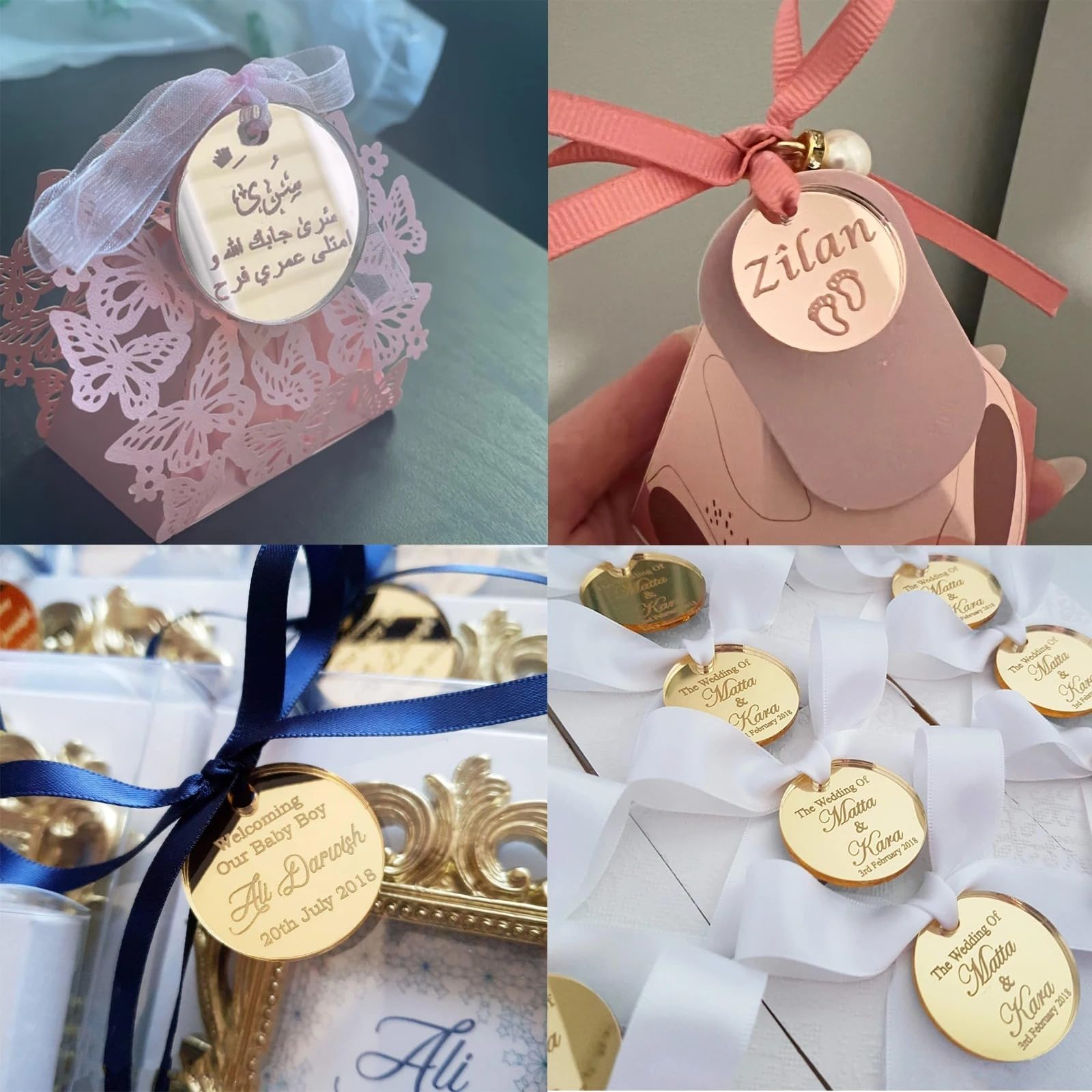 Personalisierte Spiegel-Acryl-Etiketten für Hochzeit, Verlobung, individuelles Namensschild, Taufe, Hochzeit, Babytaufe, Spiegel, Dekoration, Geschenkanhänger für Gastgeschenke (100 Stück)